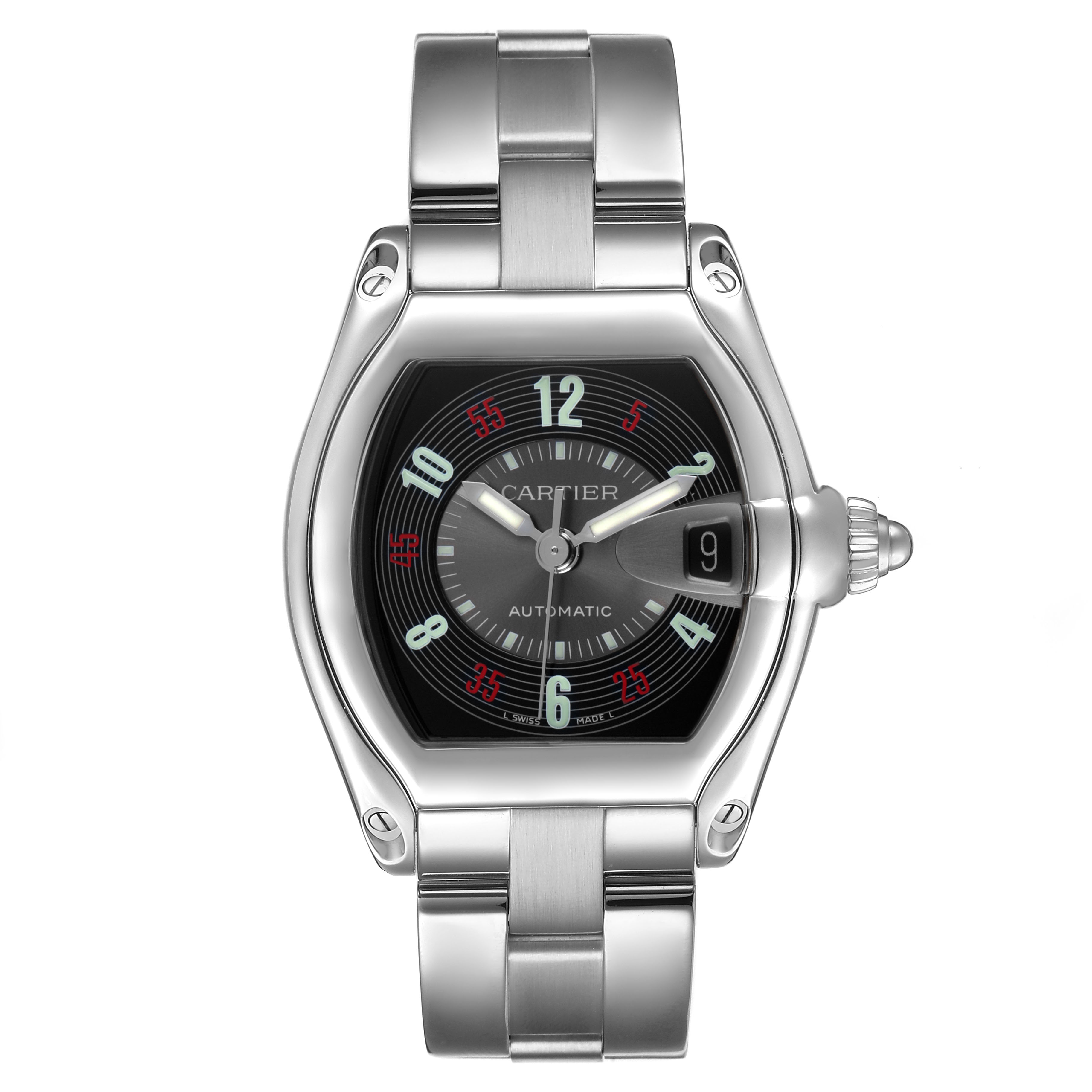 The Cartier Roadster W62002V3 Men's Stainless Steel Black Dial watch is shown from a front angle, highlighting its bracelet, case, dial, hands, and date window.