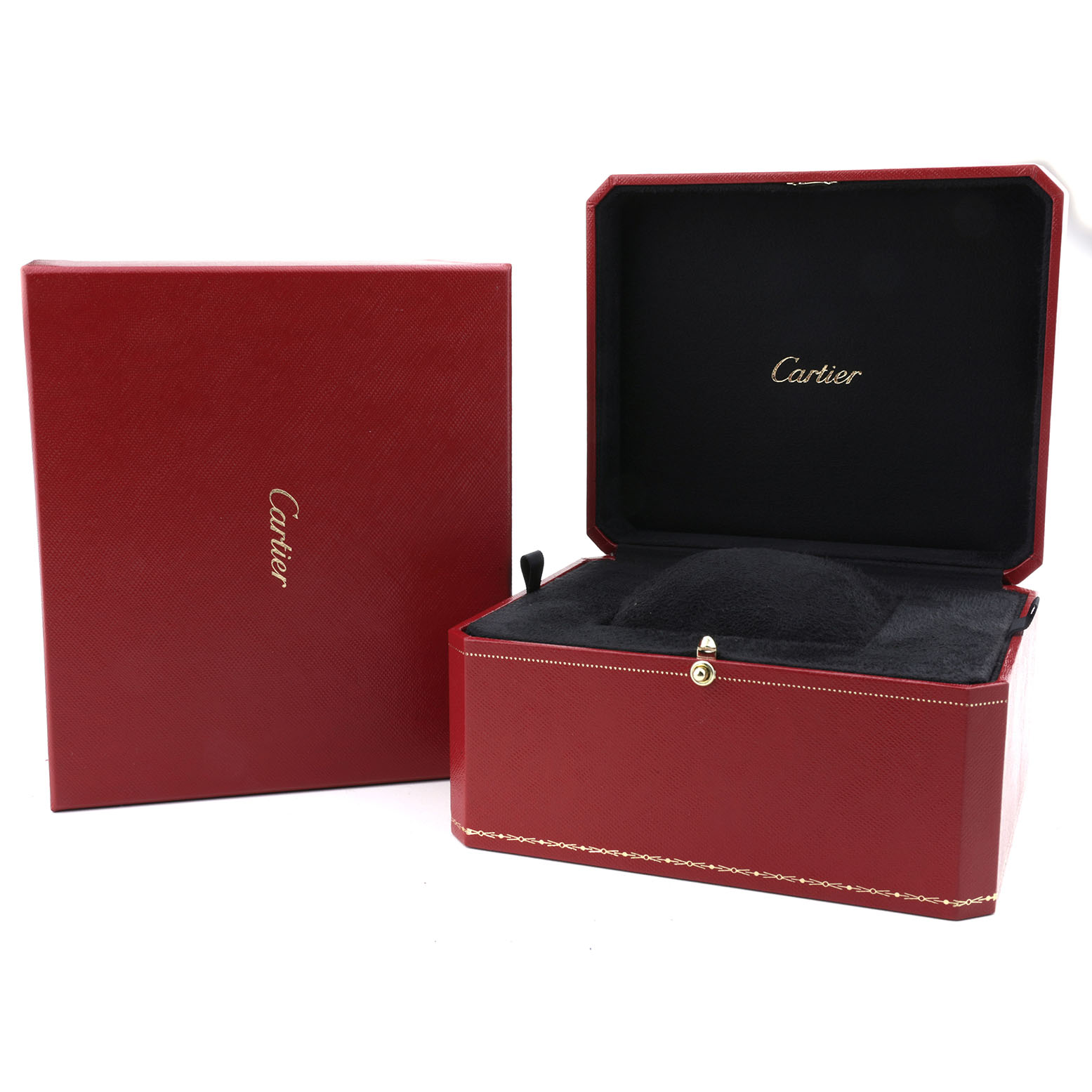 The image shows a Cartier watch box with the lid open, showcasing its interior, next to a closed box, both for the Roadster model.