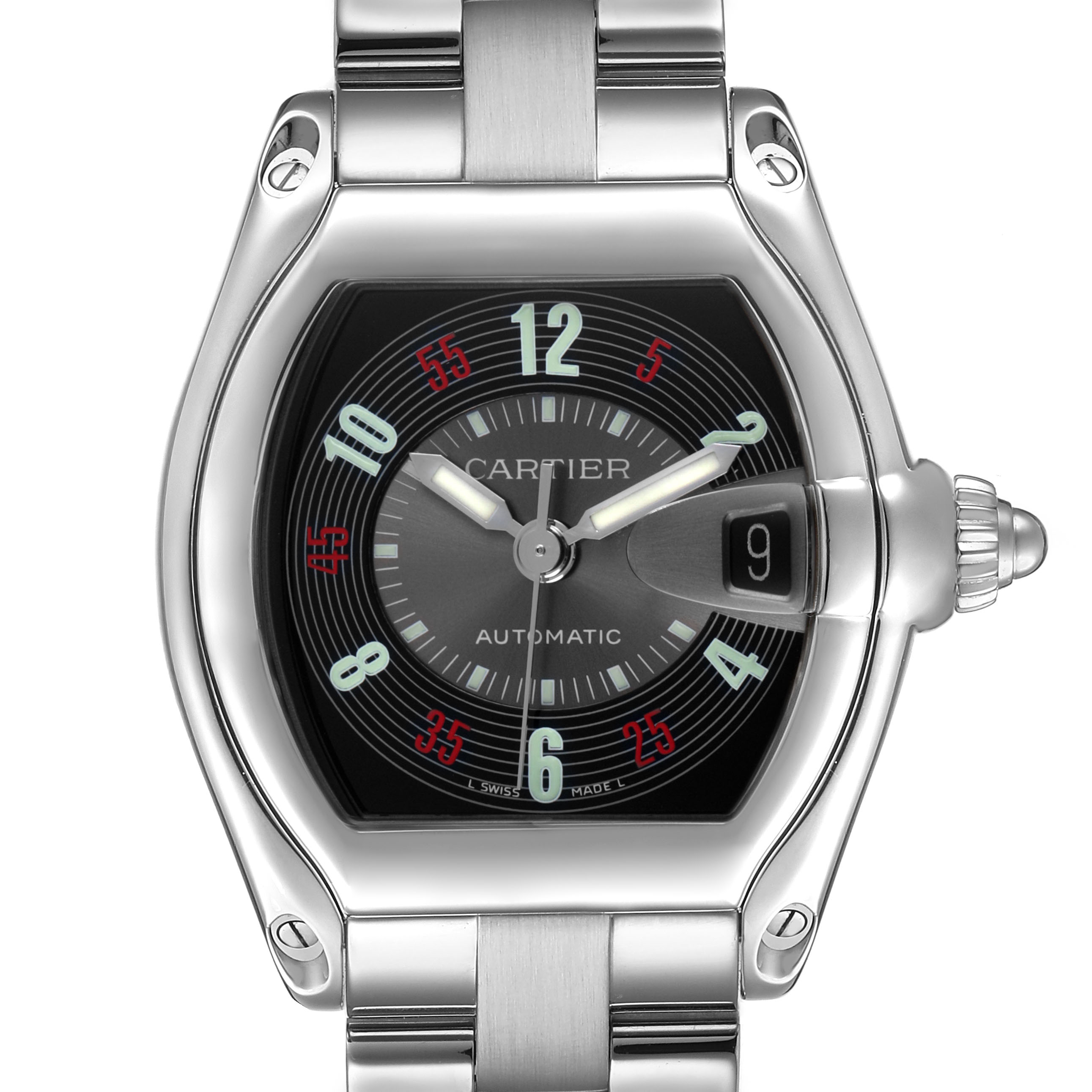 The Cartier Roadster W62002V3 Men's Stainless Steel Black Dial watch is shown from a straight-on angle, highlighting the dial, date window, and part of the bracelet.