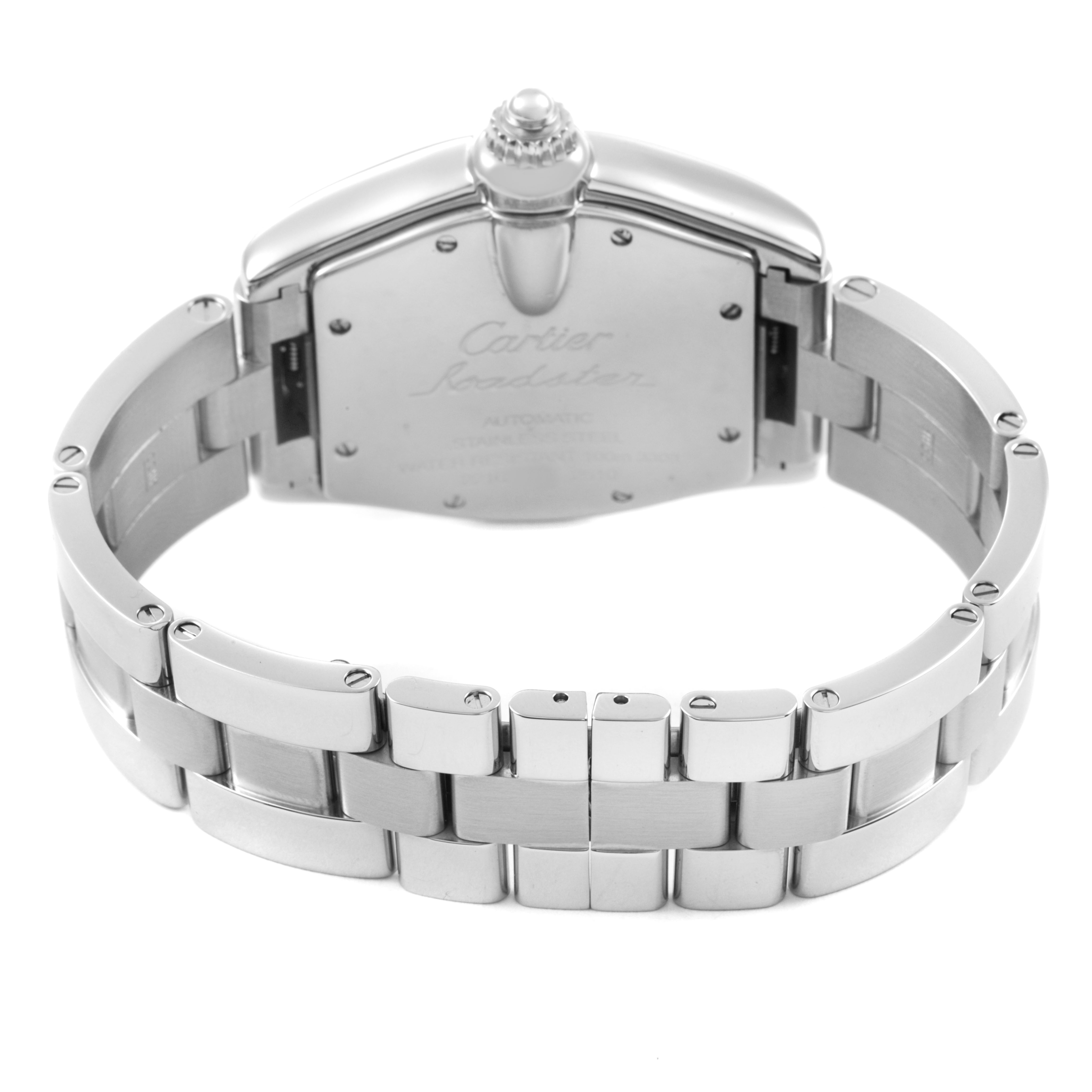 This image shows the back view of a Cartier Roadster W62002V3 Men's Stainless Steel Black Dial watch, including its bracelet and clasp.