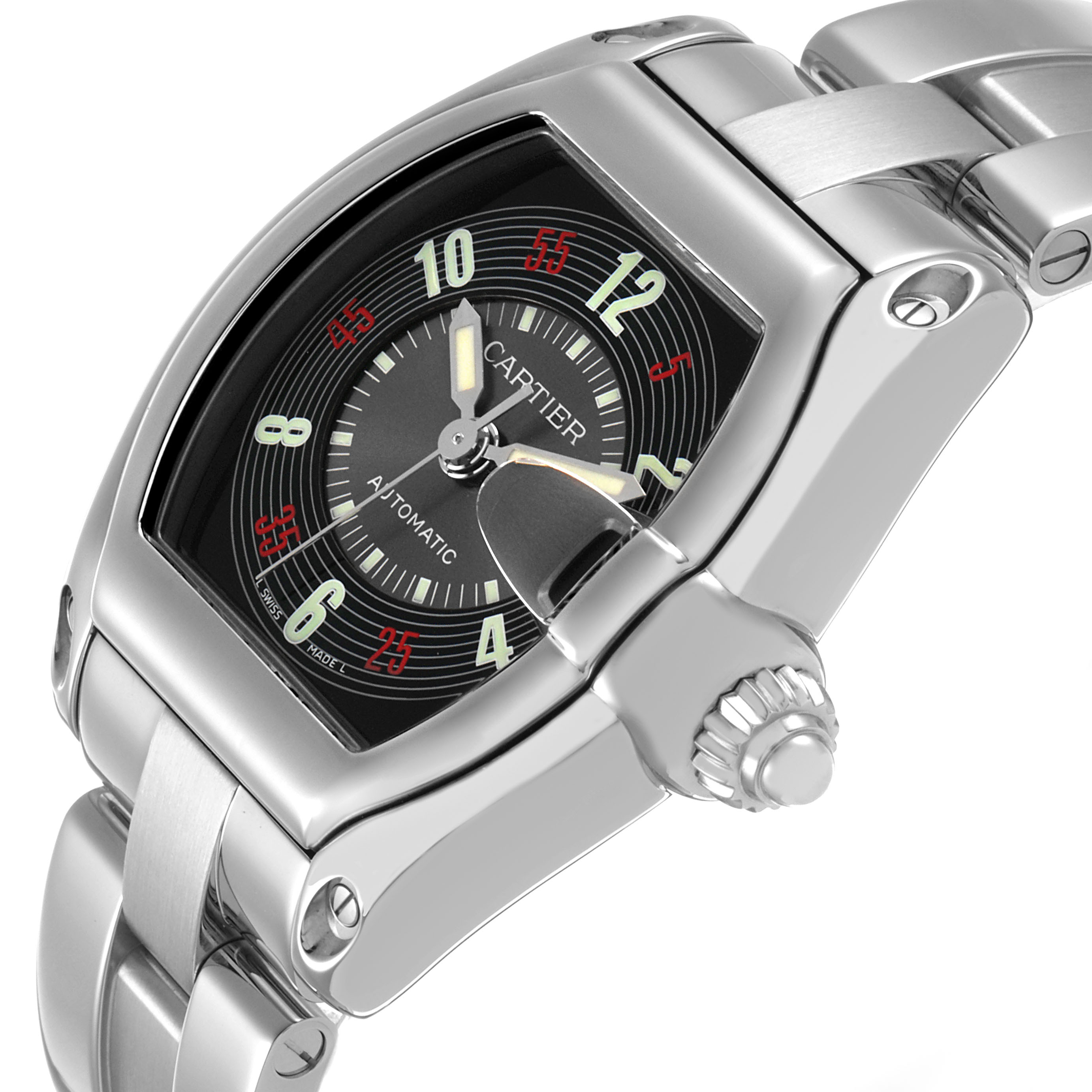The Cartier Roadster W62002V3 Men's Stainless Steel Black Dial watch is shown at an angled view highlighting its face, crown, and metal bracelet.