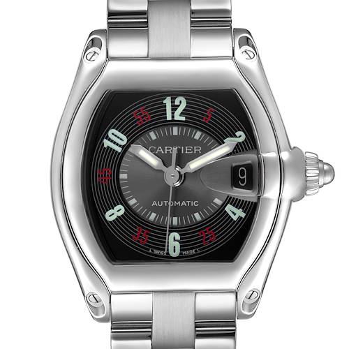 The Cartier Roadster W62002V3 Men's Stainless Steel Black Dial watch is shown from a front angle, highlighting the dial, crown, and part of the bracelet.