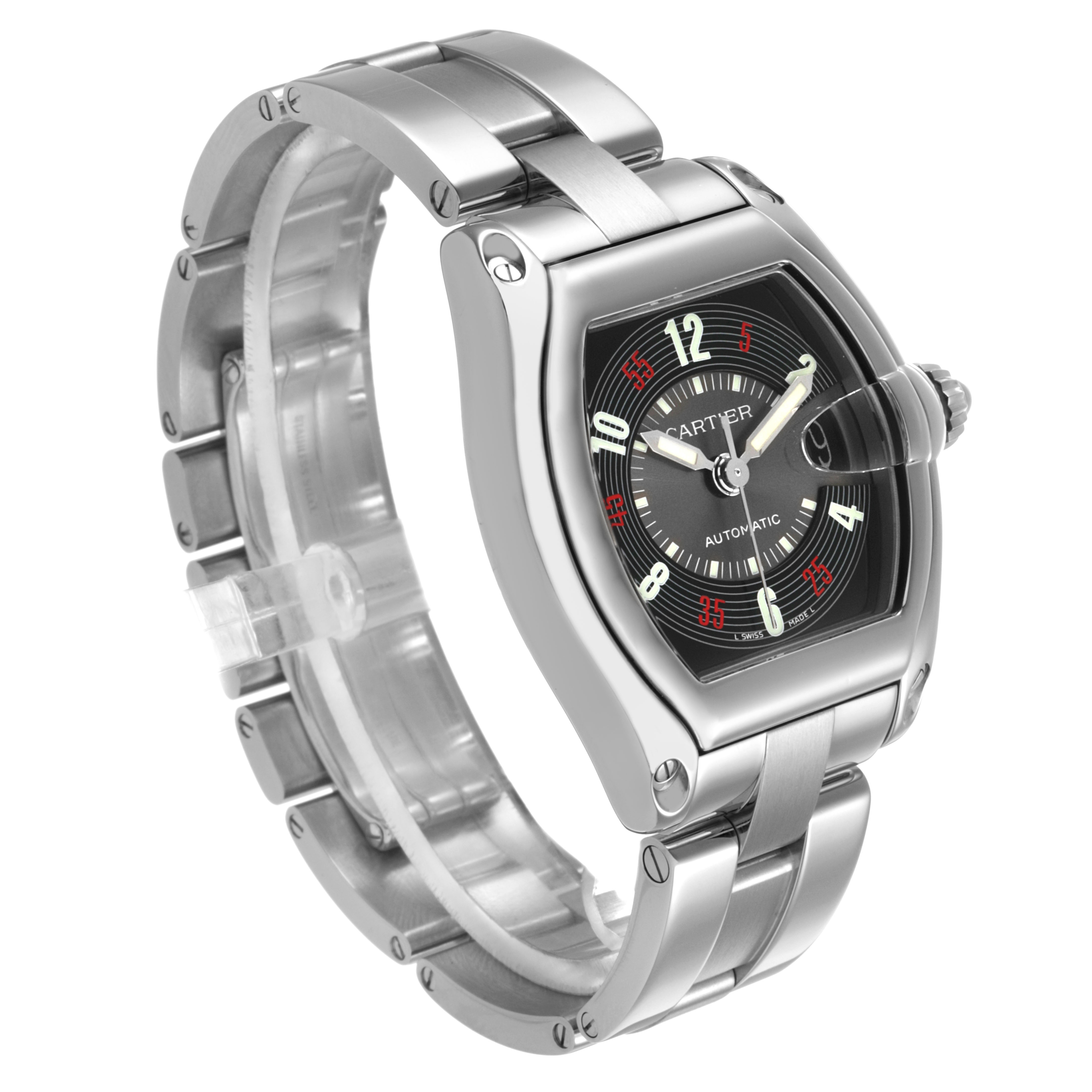 The Cartier Roadster W62002V3 Men's Stainless Steel Black Dial watch is shown at a three-quarter angle, highlighting the face, crown, and metallic bracelet.