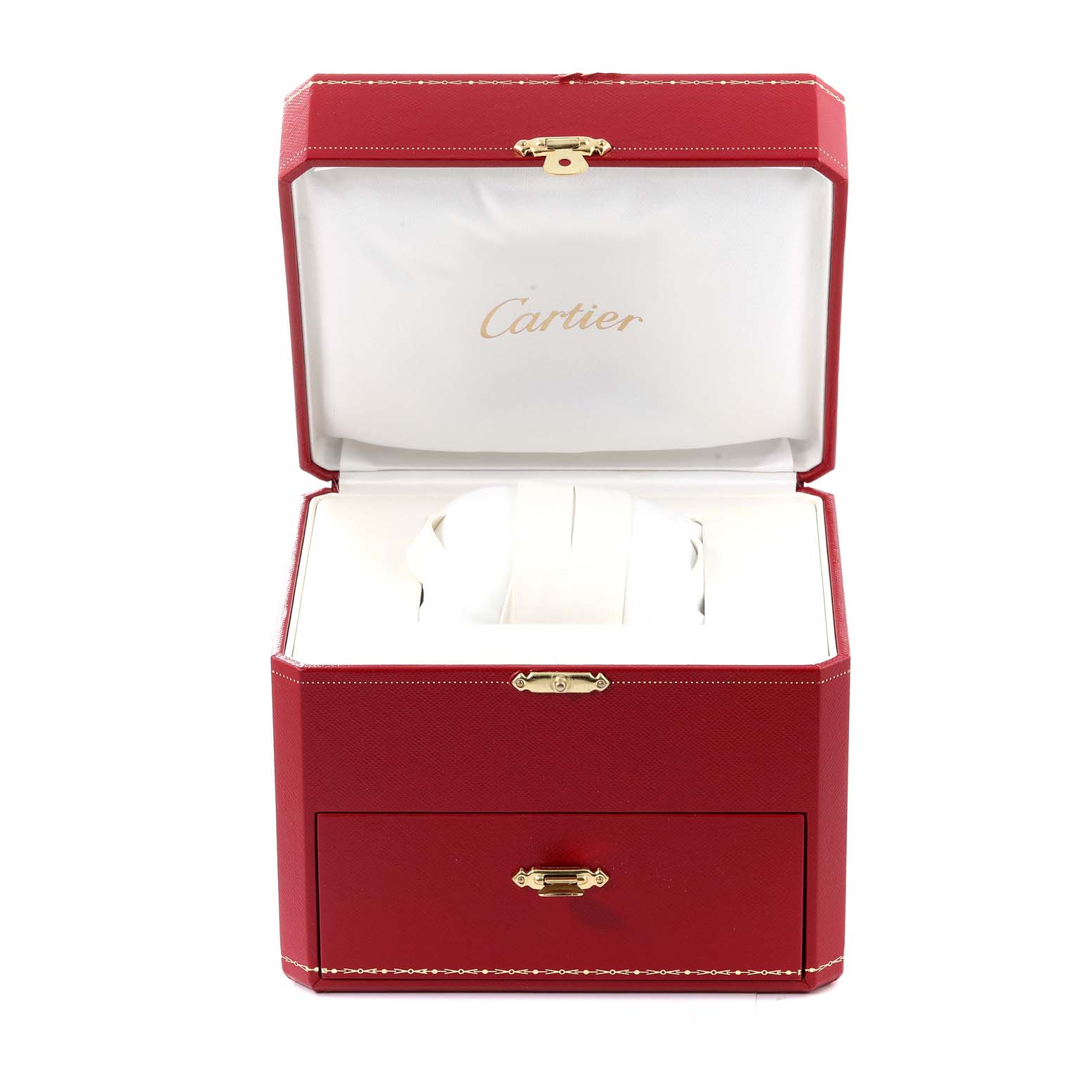 The image shows the opened red and white luxury box of a Cartier Roadster W62005V2 Men's Yellow Gold Silver Dial W62005V2 Men's Yellow Gold Silver Dial watch, with no watch visible.