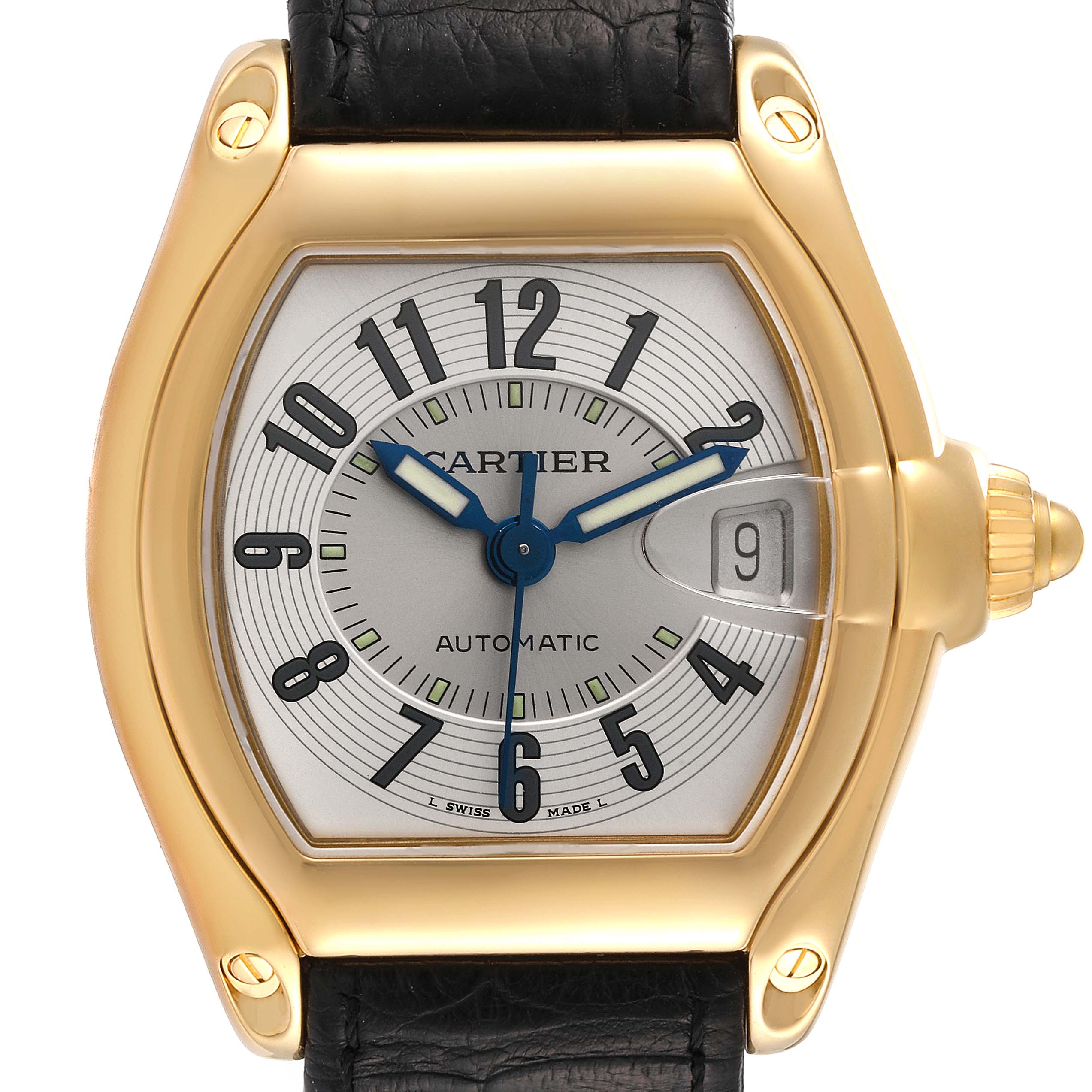 This image shows a front view of the Cartier Roadster W62005V2 Men's Yellow Gold Silver Dial W62005V2 Men's Yellow Gold Silver Dial watch, highlighting its dial, hands, date window, and strap attachment.