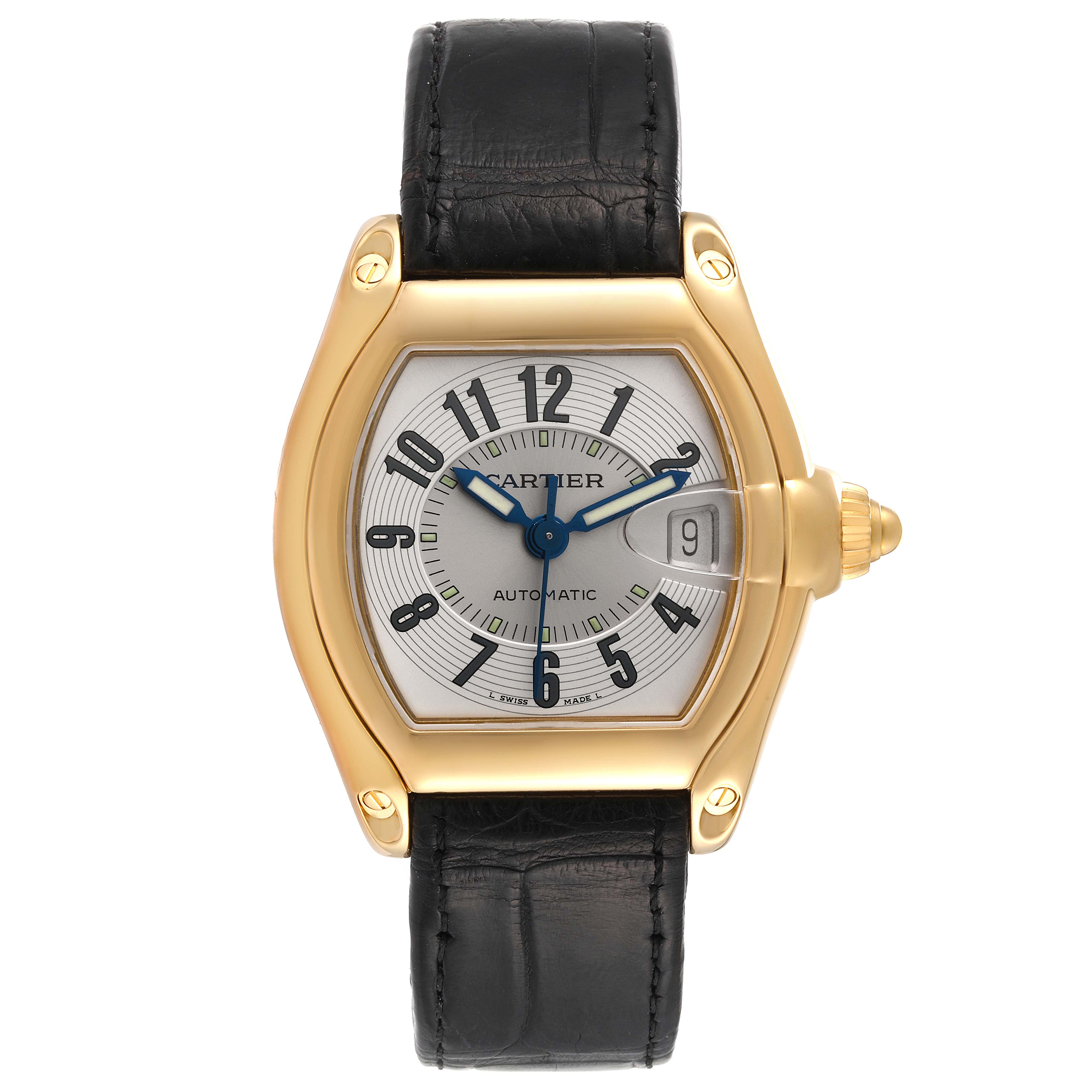 This Cartier Roadster W62005V2 Men's Yellow Gold Silver Dial W62005V2 Men's Yellow Gold Silver Dial watch is viewed from the front, showcasing its dial, hands, case, and leather strap.