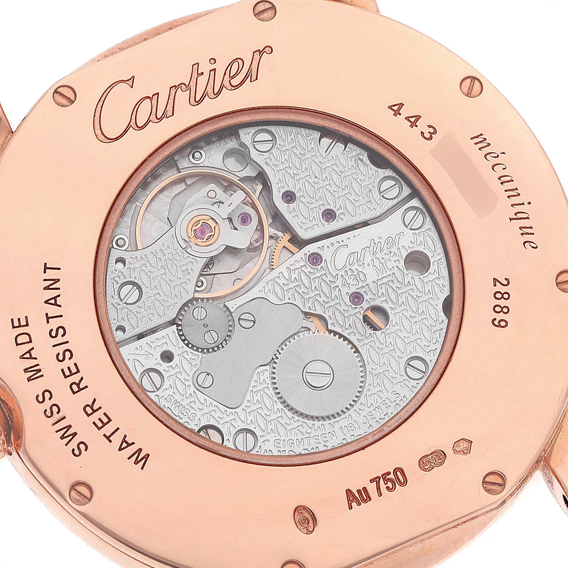 This image shows the back case and movement of a Cartier Ronde WR000651 Men's Rose Gold Silver Dial WR000651 Men's Rose Gold Silver Dial watch, displaying its intricate mechanical parts.