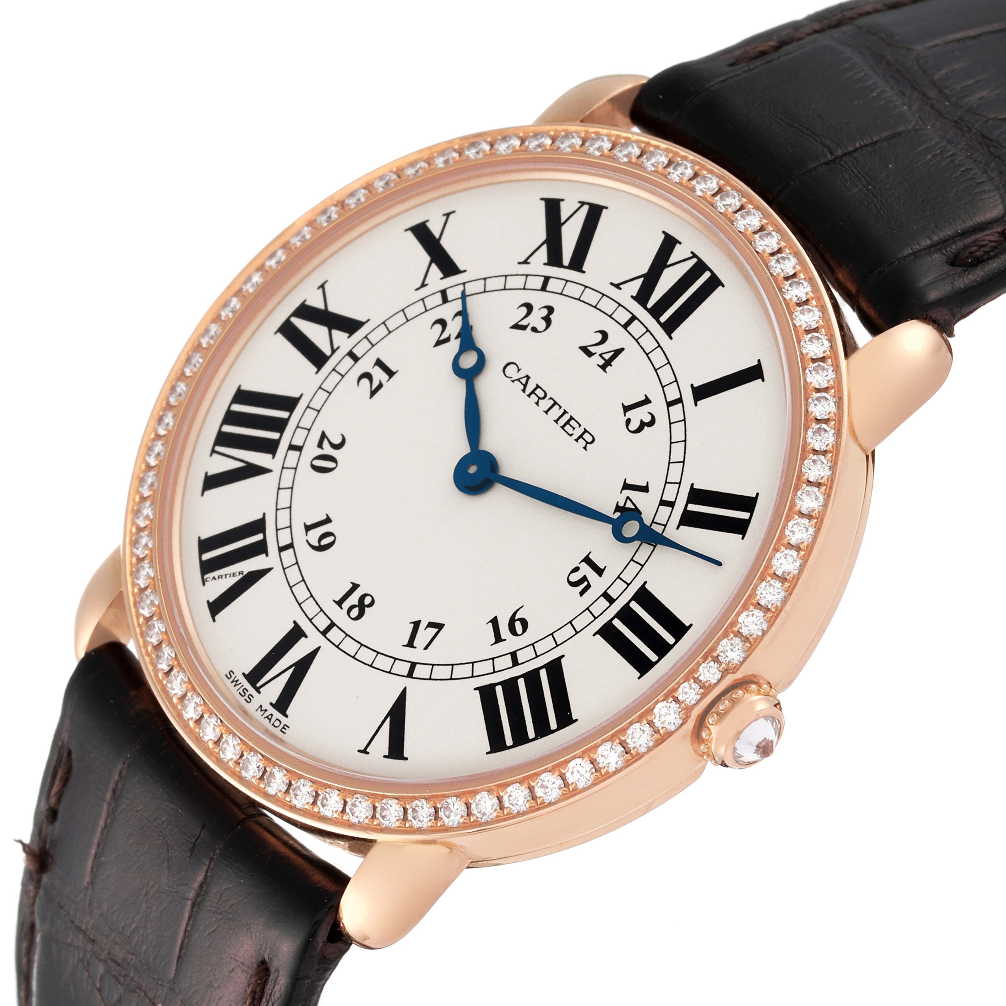 The image shows a Cartier Ronde WR000651 Men's Rose Gold Silver Dial WR000651 Men's Rose Gold Silver Dial watch from an oblique angle, highlighting the face, bezel, and leather strap.