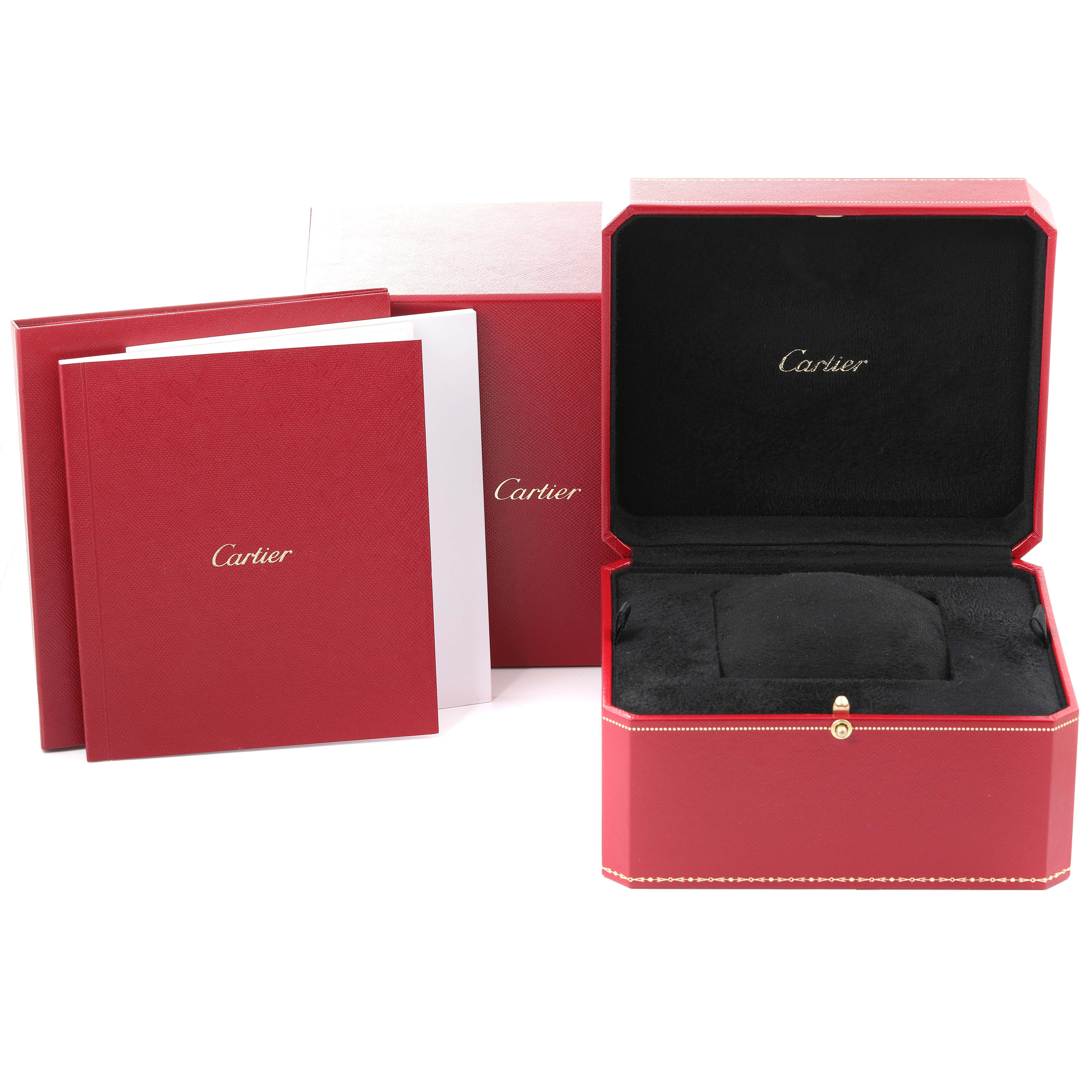 The image shows the packaging and accessories for a Cartier Ronde WR000651 Men's Rose Gold Silver Dial WR000651 Men's Rose Gold Silver Dial watch, including the box and booklets.