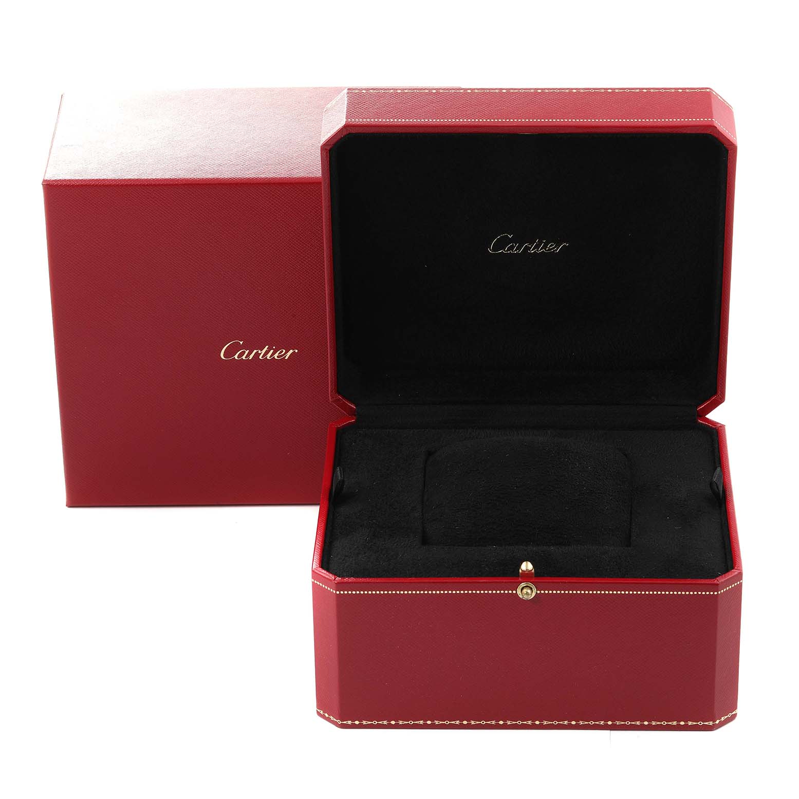 The image shows a red Cartier watch box for the Rotonde model, with the lid open to reveal the interior.