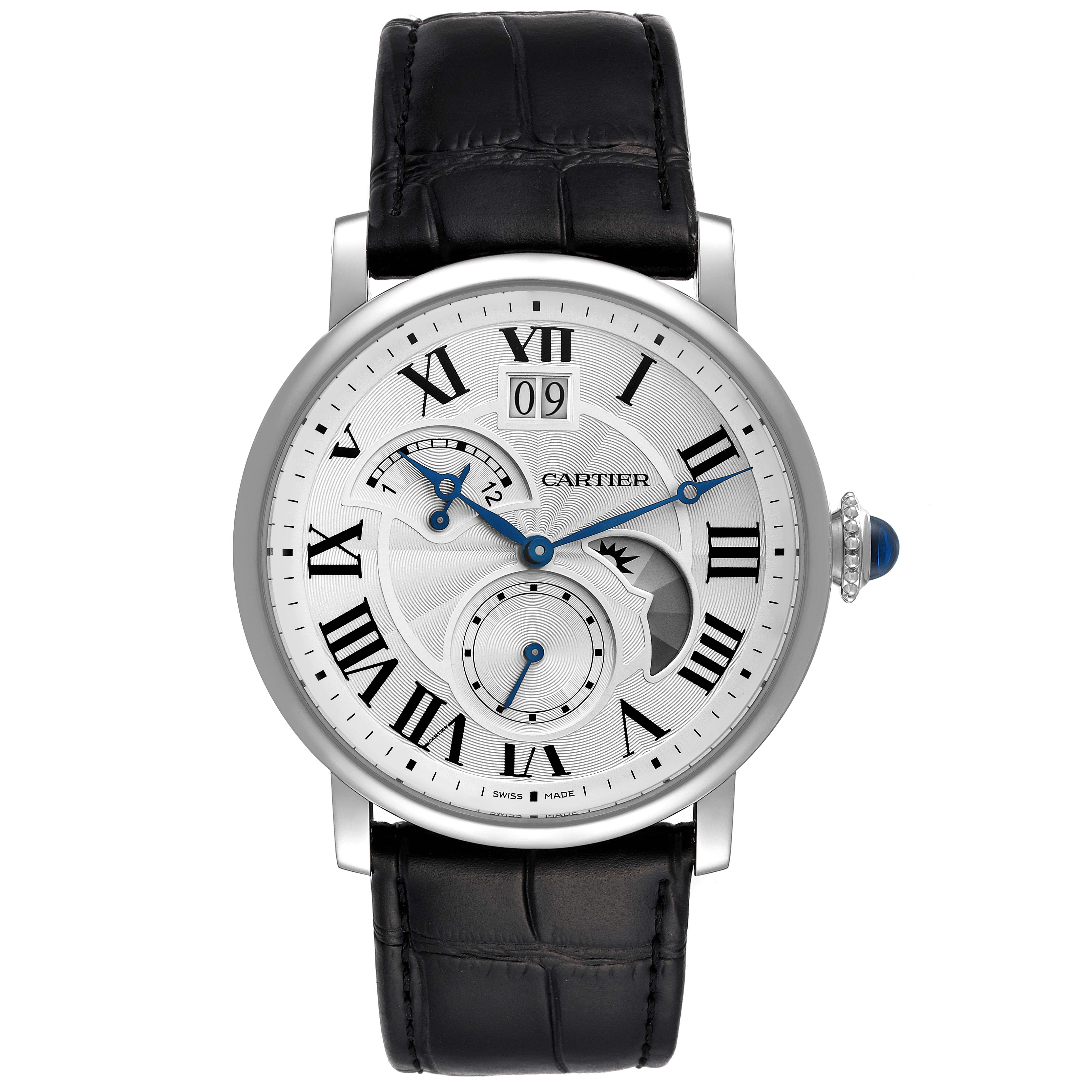 The image shows a front view of the Cartier Rotonde W1556368 Men
s Stainless Steel Silver Dial W1556368 Men
s Stainless Steel Silver Dial watch, displaying its dial, Roman numeral markers, and black leather strap.