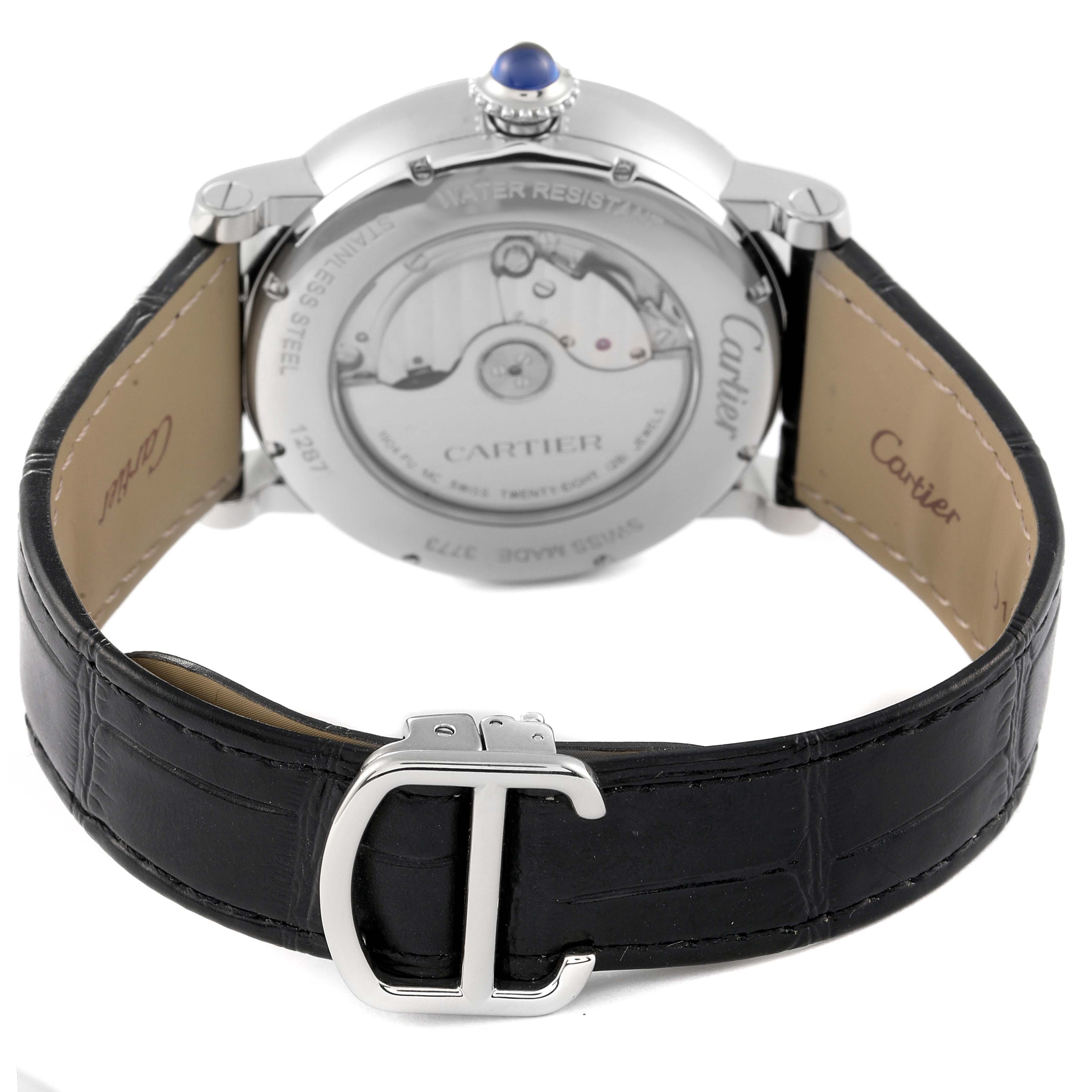 The image shows the back view of the Cartier Rotonde W1556368 Men
s Stainless Steel Silver Dial W1556368 Men
s Stainless Steel Silver Dial watch, focusing on the movement and the black leather strap with buckle.