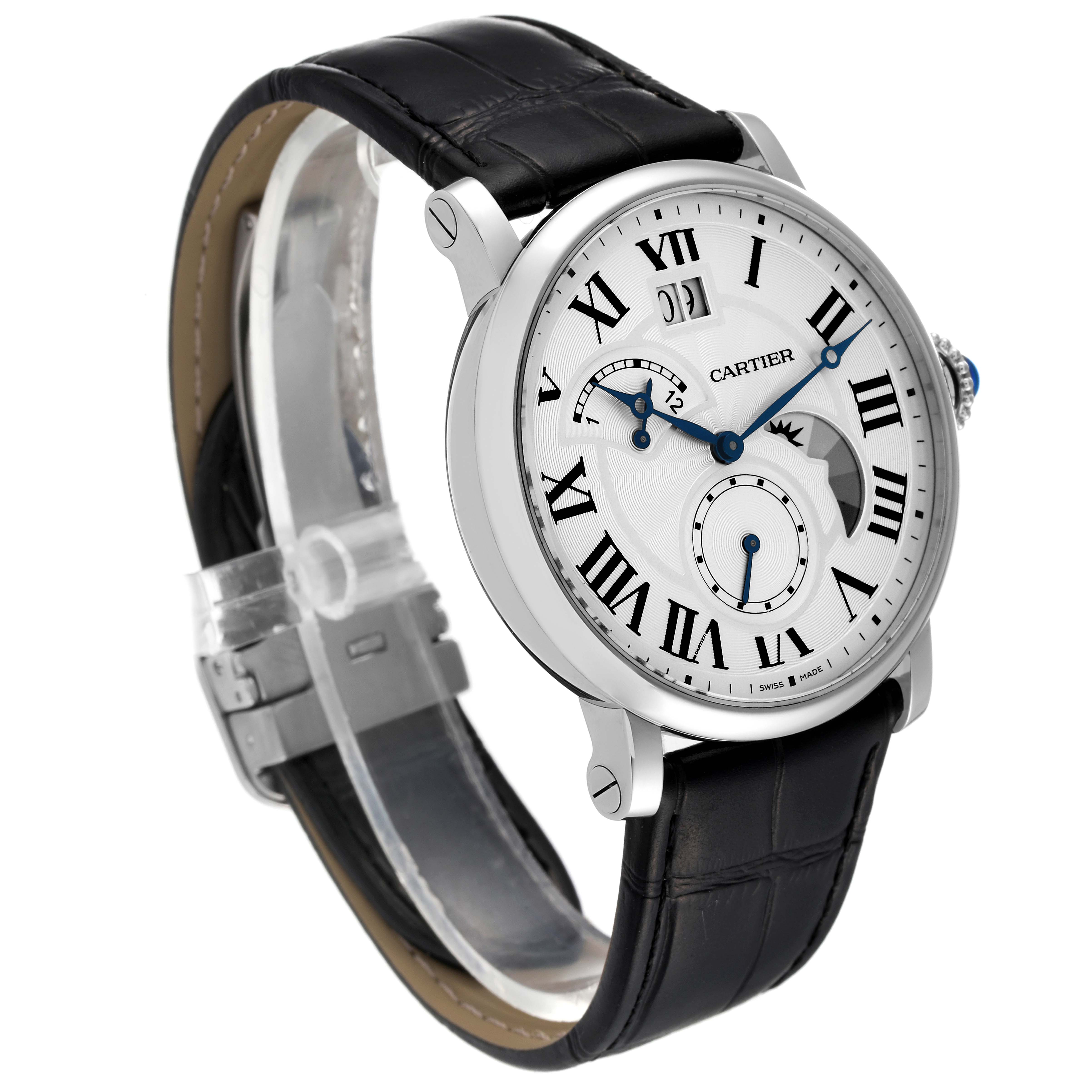 The image shows a Rotonde model by Cartier from a three-quarter angle, highlighting the dial, case, lugs, strap, and clasp.
