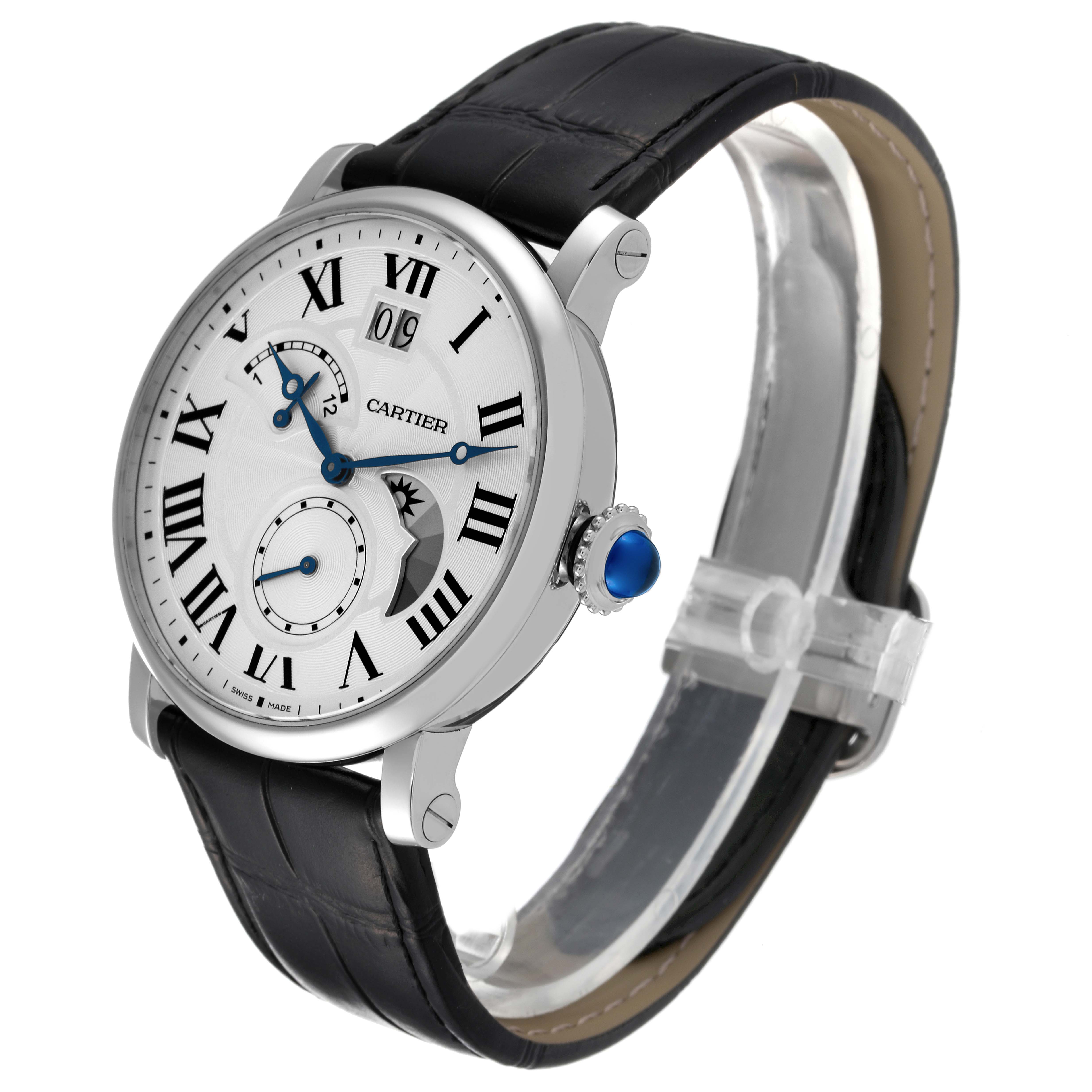 The image shows a side angle of the Rotonde de Cartier watch, displaying its face, crown, and leather strap.