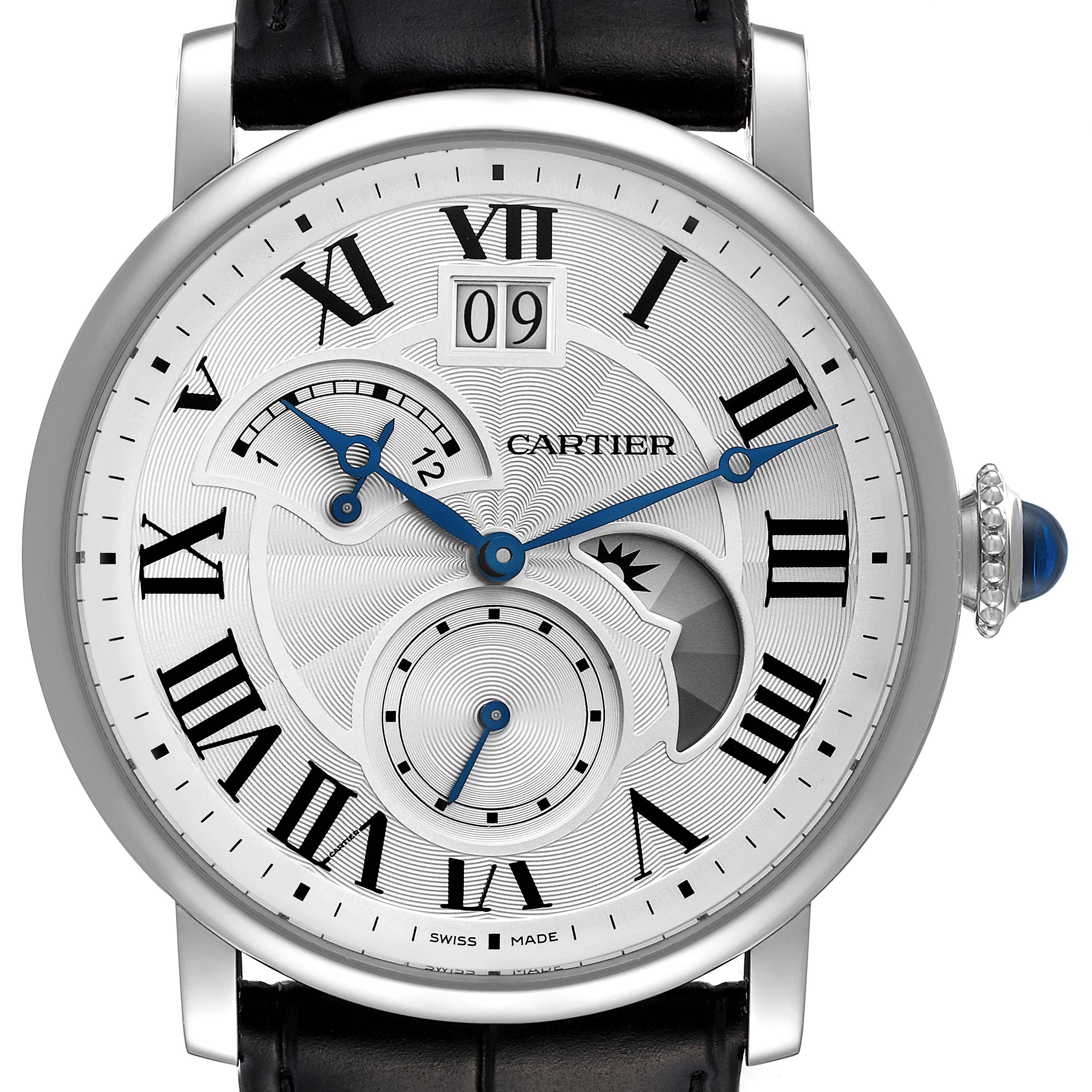 The image shows a frontal view of the Cartier Rotonde W1556368 Men
s Stainless Steel Silver Dial W1556368 Men
s Stainless Steel Silver Dial watch, featuring Roman numeral markers, blue hands, and a black leather strap.