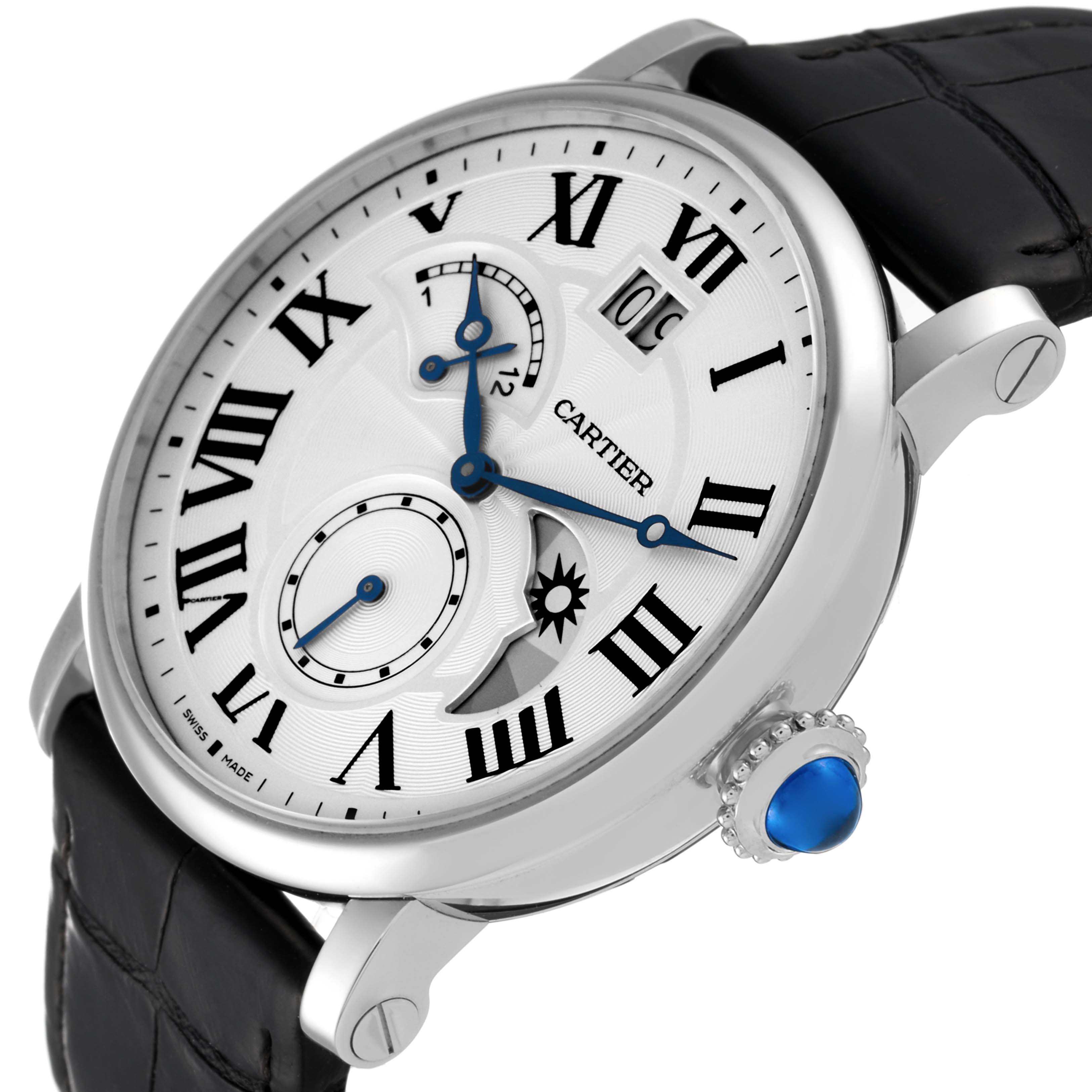 The image shows a Rotonde model by Cartier at a slight angle, highlighting its face, crown, Roman numerals, and black leather strap.