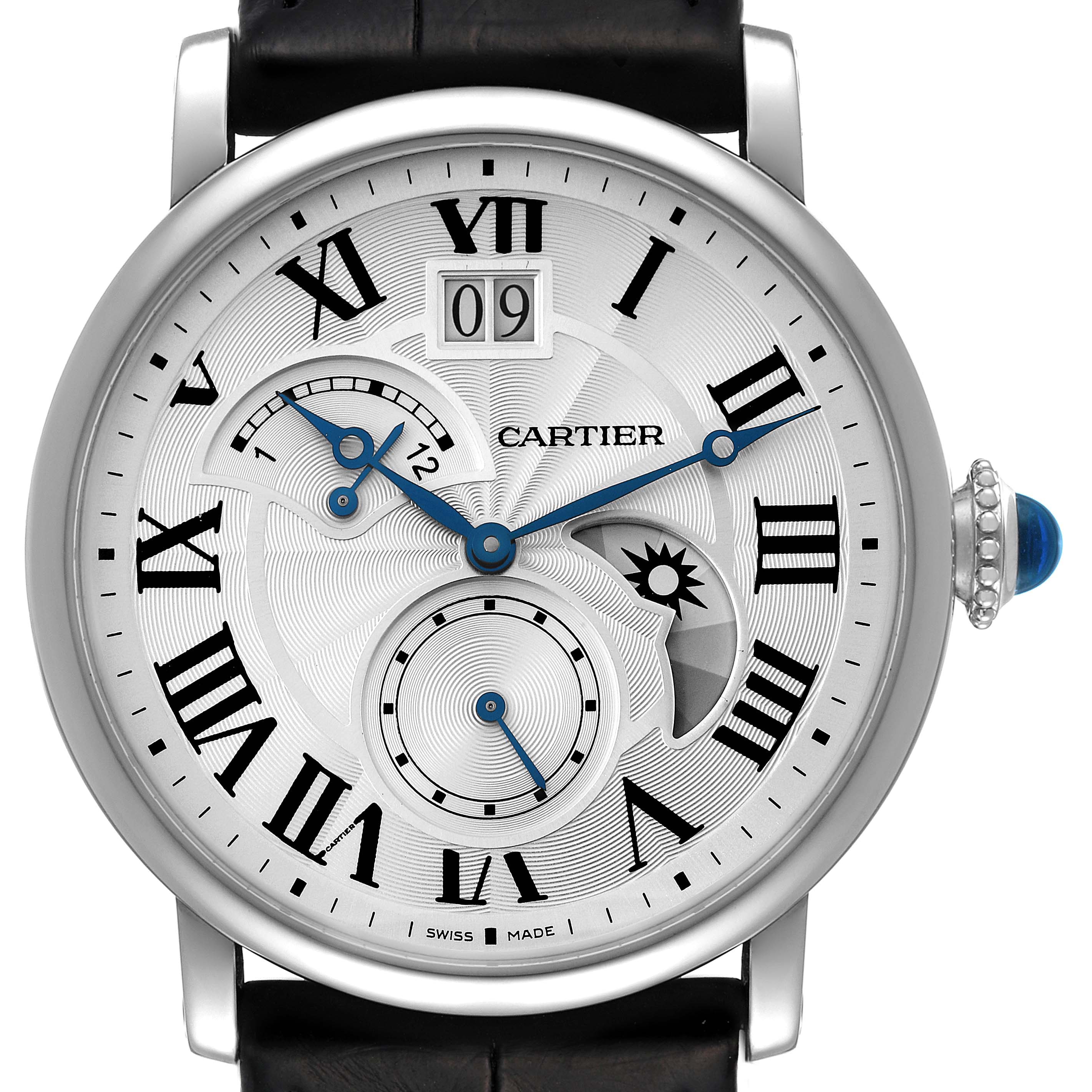 This image shows a front view of the Cartier Rotonde W1556368 Men
s Stainless Steel Silver Dial W1556368 Men
s Stainless Steel Silver Dial watch, highlighting its intricate dial and features like Roman numerals and a date display.