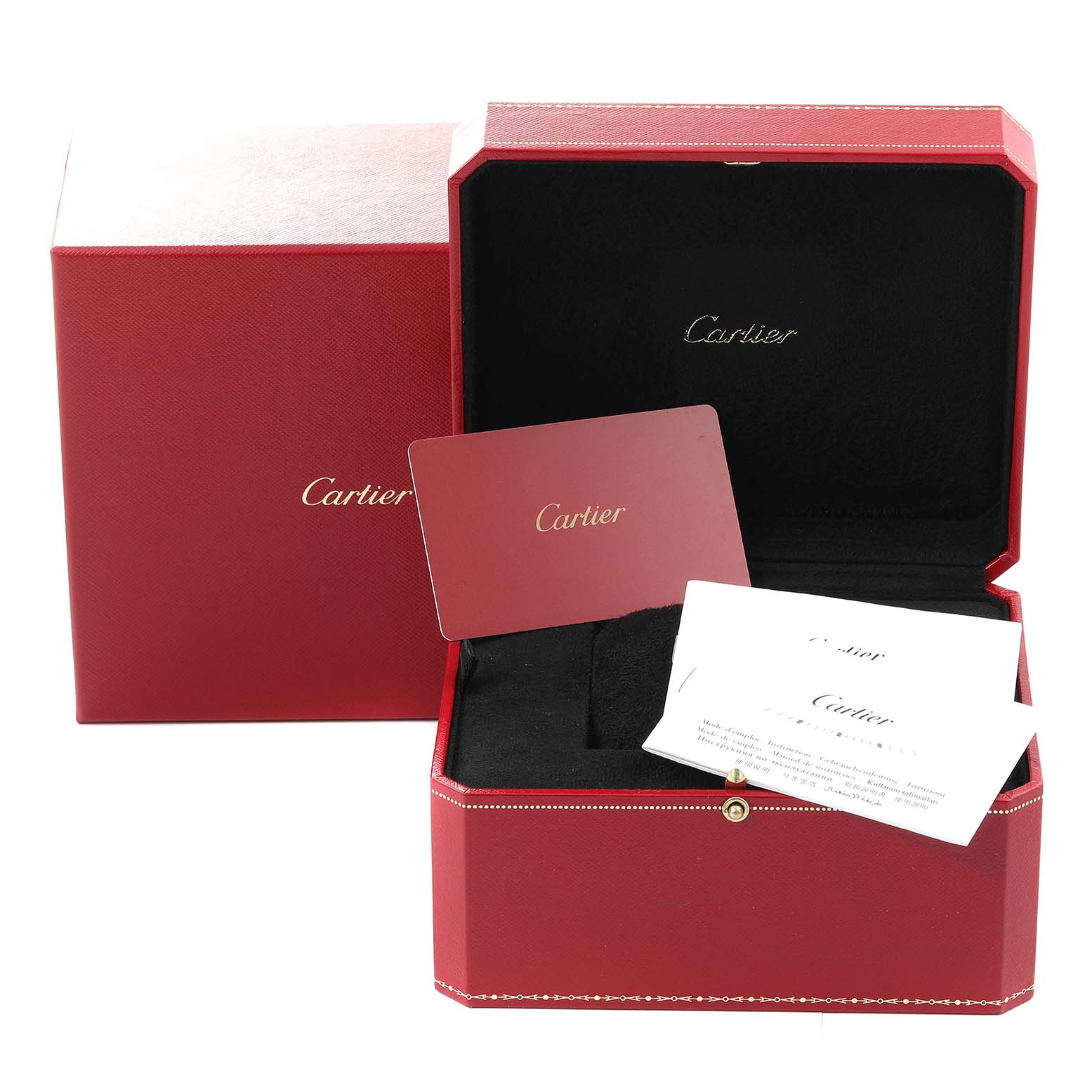 The image shows the packaging, guarantee card, and documents for the Cartier Rotonde W1556368 Men
s Stainless Steel Silver Dial W1556368 Men
s Stainless Steel Silver Dial watch.