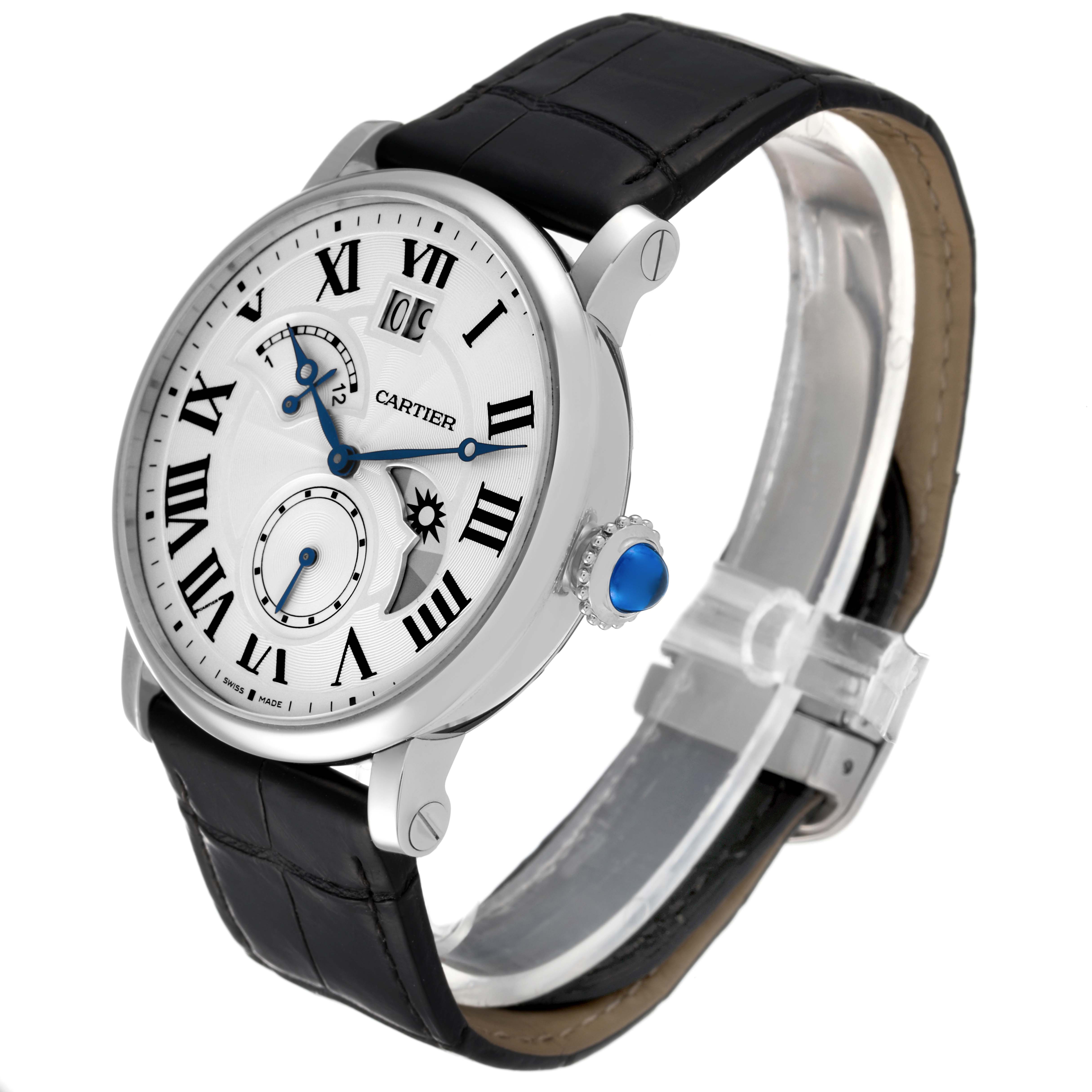 The image shows a Rotonde model watch by Cartier at an angle highlighting the dial, crown, case, and black leather strap.