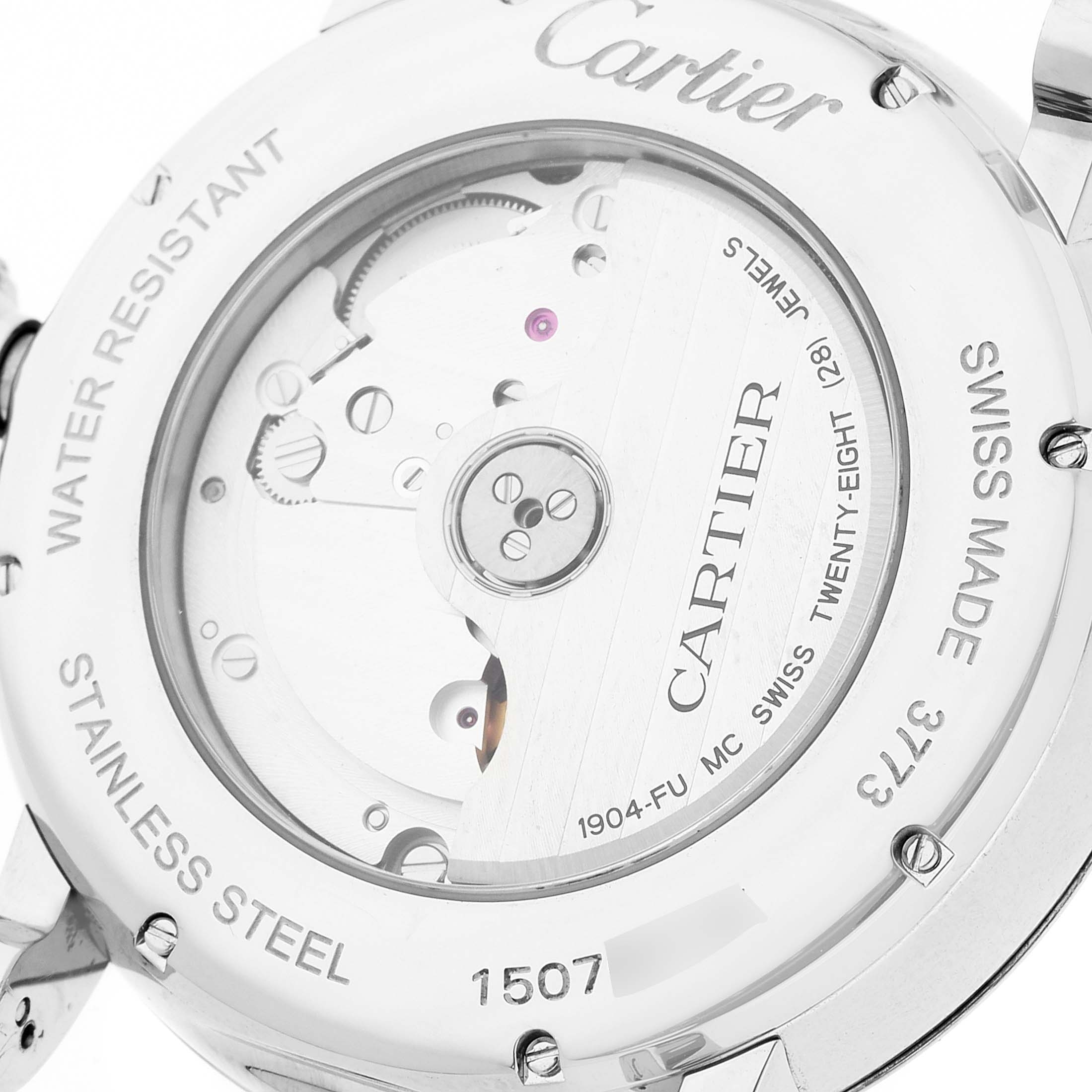 The image shows the back view of the Rotonde model by Cartier, revealing its internal mechanism and engravings.