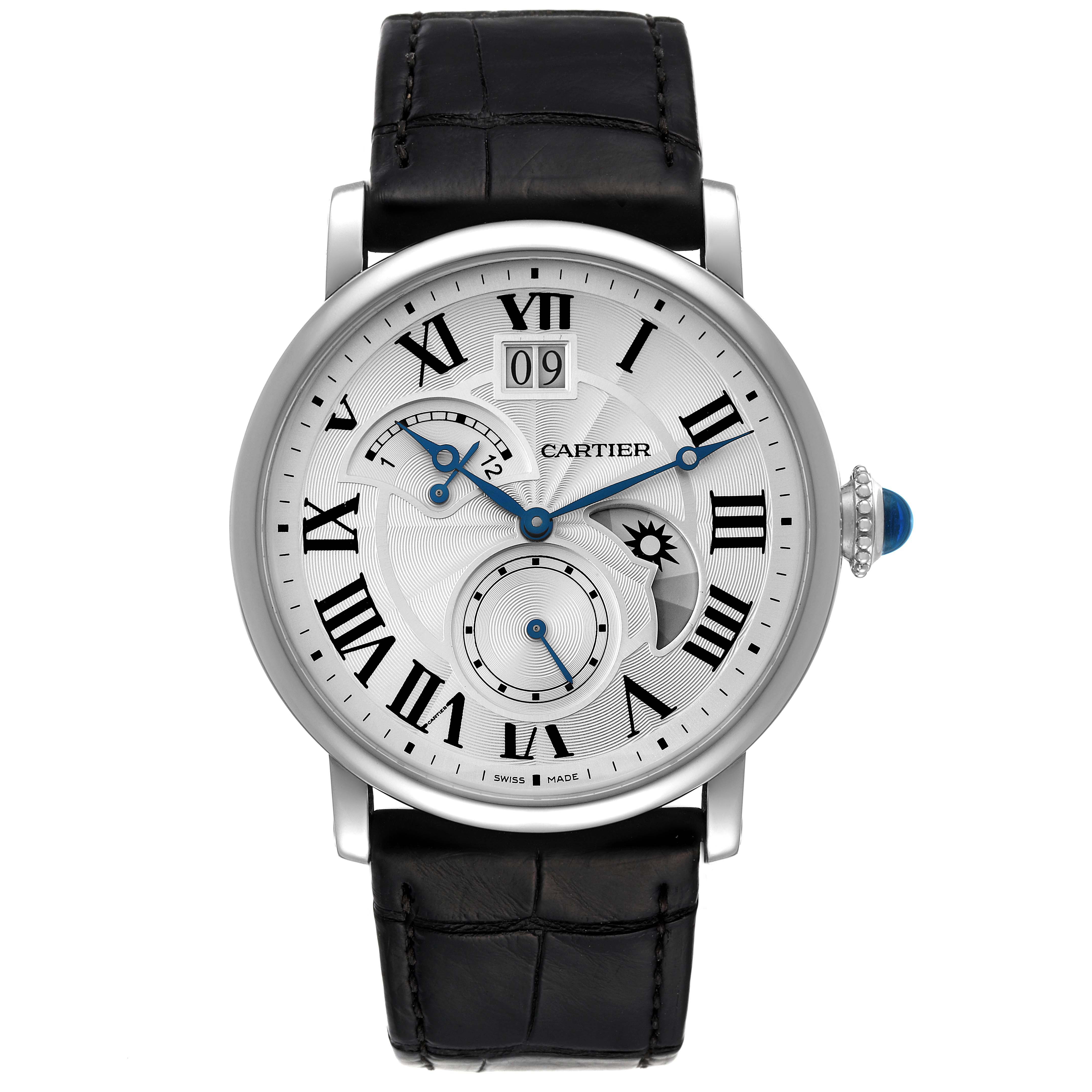 The Cartier Rotonde W1556368 Men
s Stainless Steel Silver Dial W1556368 Men
s Stainless Steel Silver Dial model watch is shown from a front angle, highlighting its face, strap, and crown.