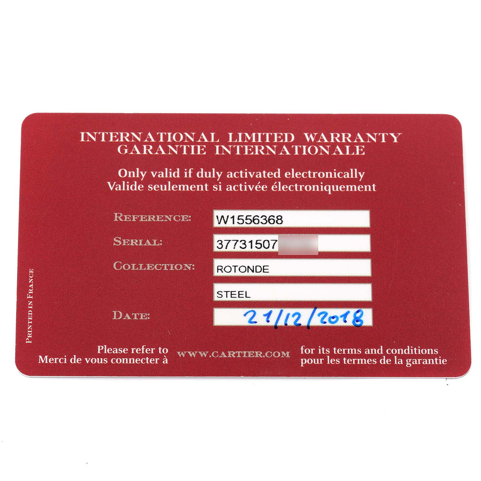 This image shows an international limited warranty card for the Cartier Rotonde W1556368 Men
s Stainless Steel Silver Dial W1556368 Men
s Stainless Steel Silver Dial model watch.