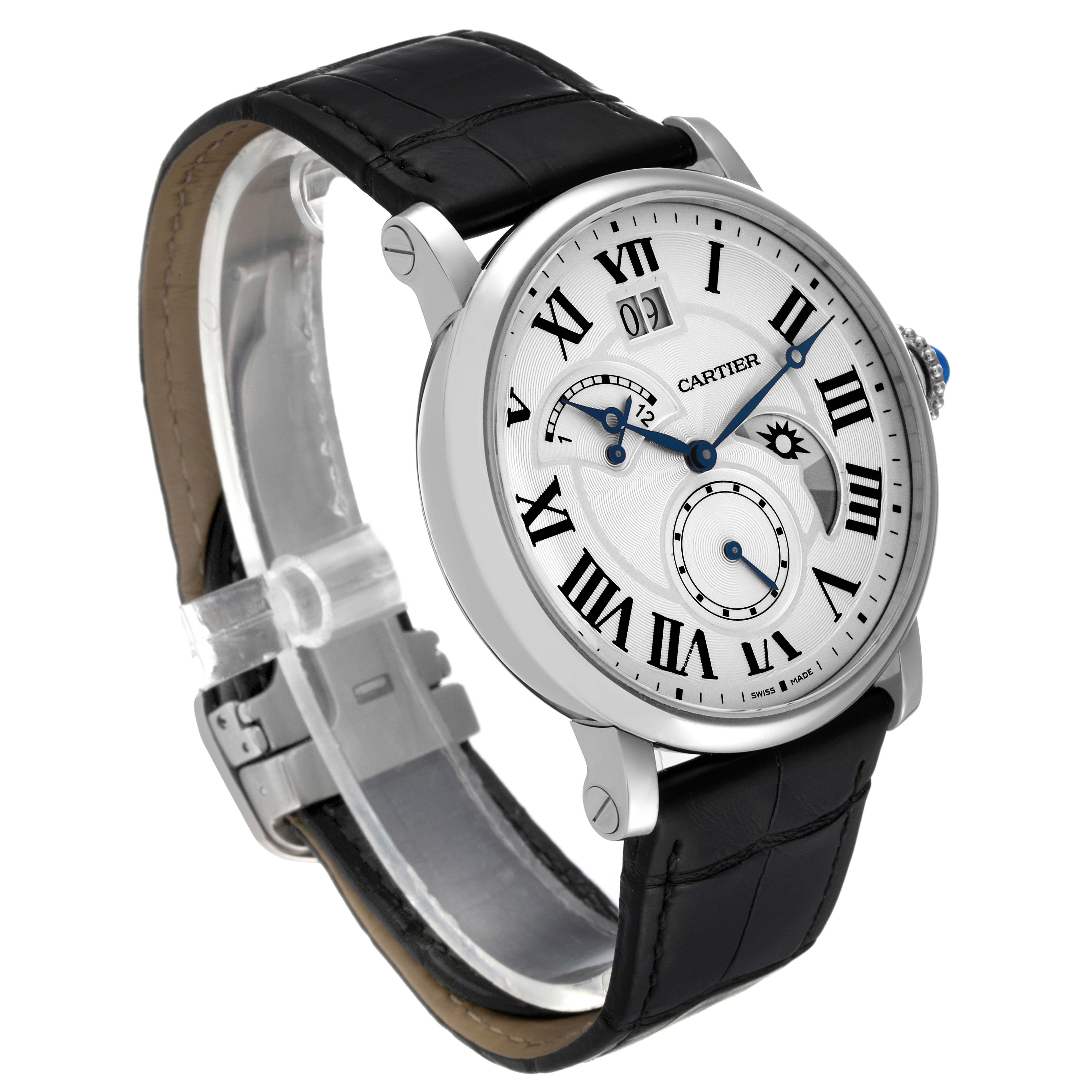 This image shows a Cartier Rotonde W1556368 Men
s Stainless Steel Silver Dial W1556368 Men
s Stainless Steel Silver Dial model watch at a slight angle, highlighting the dial, strap, and crown.