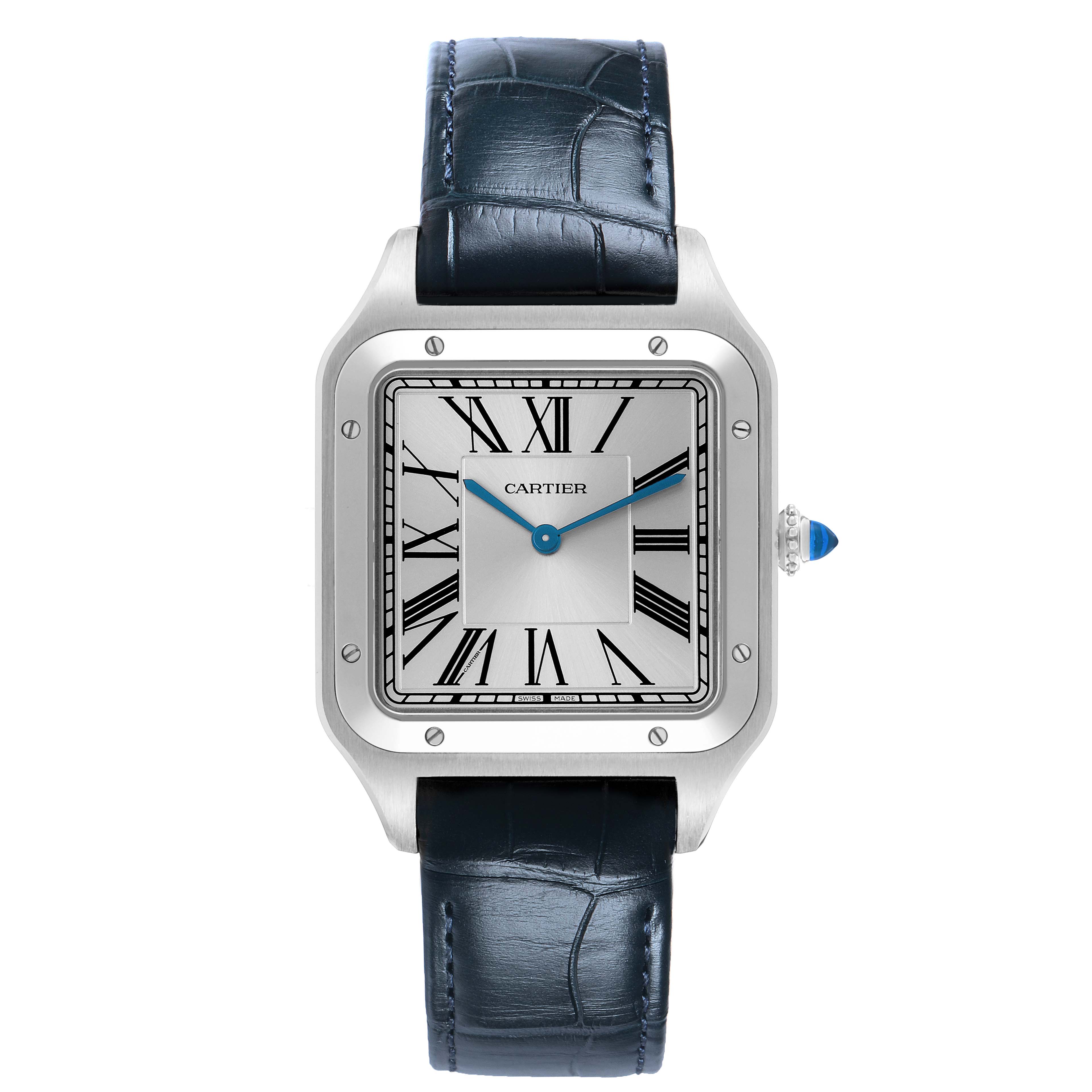 The Cartier Santos Dumont WSSA0032 Men's Stainless Steel Silver Dial watch is shown from a front angle, displaying its face, bezel, crown, and leather strap.