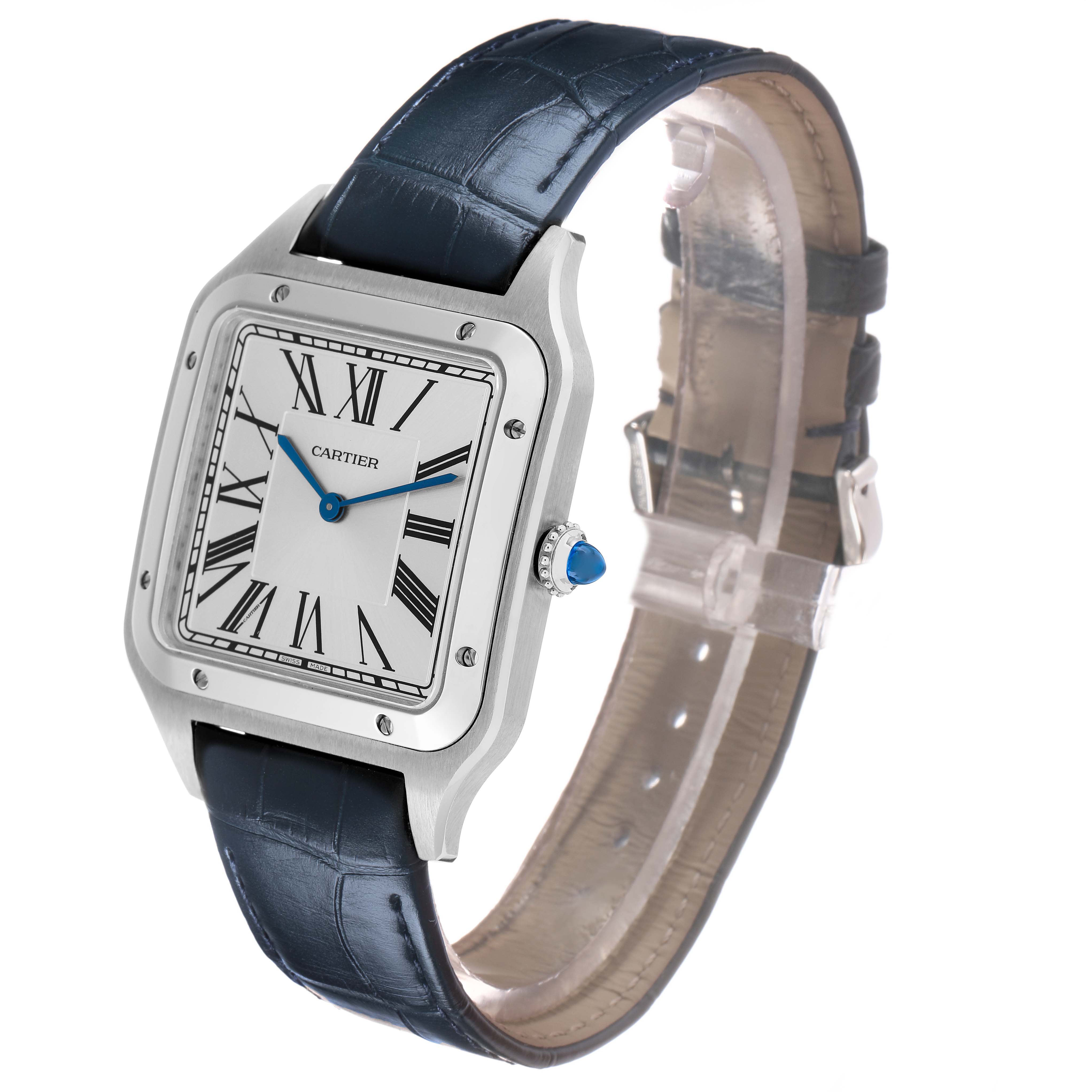 The Cartier Santos Dumont WSSA0032 Men's Stainless Steel Silver Dial watch is shown at a three-quarter angle, displaying the face, bezel, crown, and entire strap.