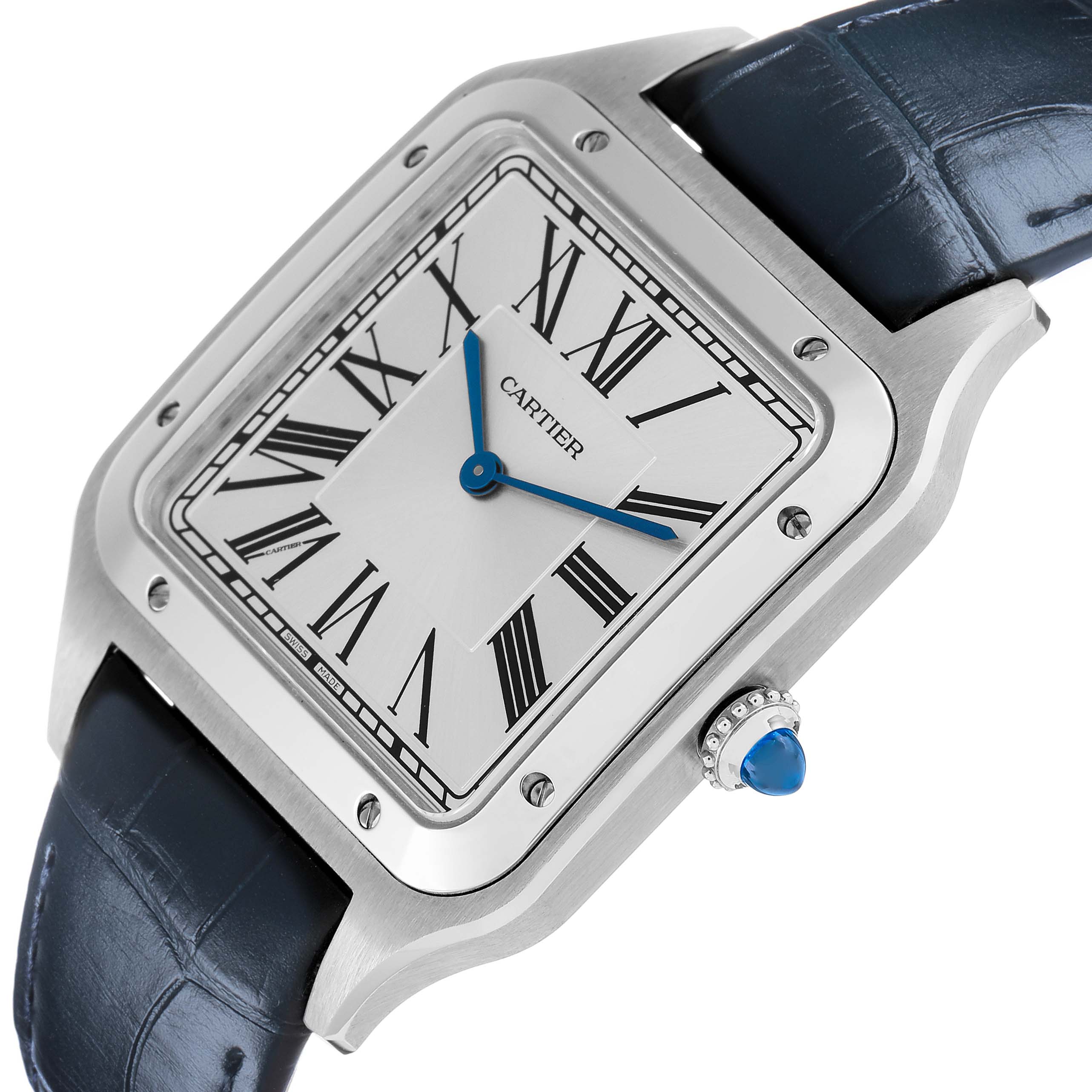 The Cartier Santos Dumont WSSA0032 Men's Stainless Steel Silver Dial watch is shown at a slight angle, highlighting its square dial, blue hands, and crown with a blue cabochon.