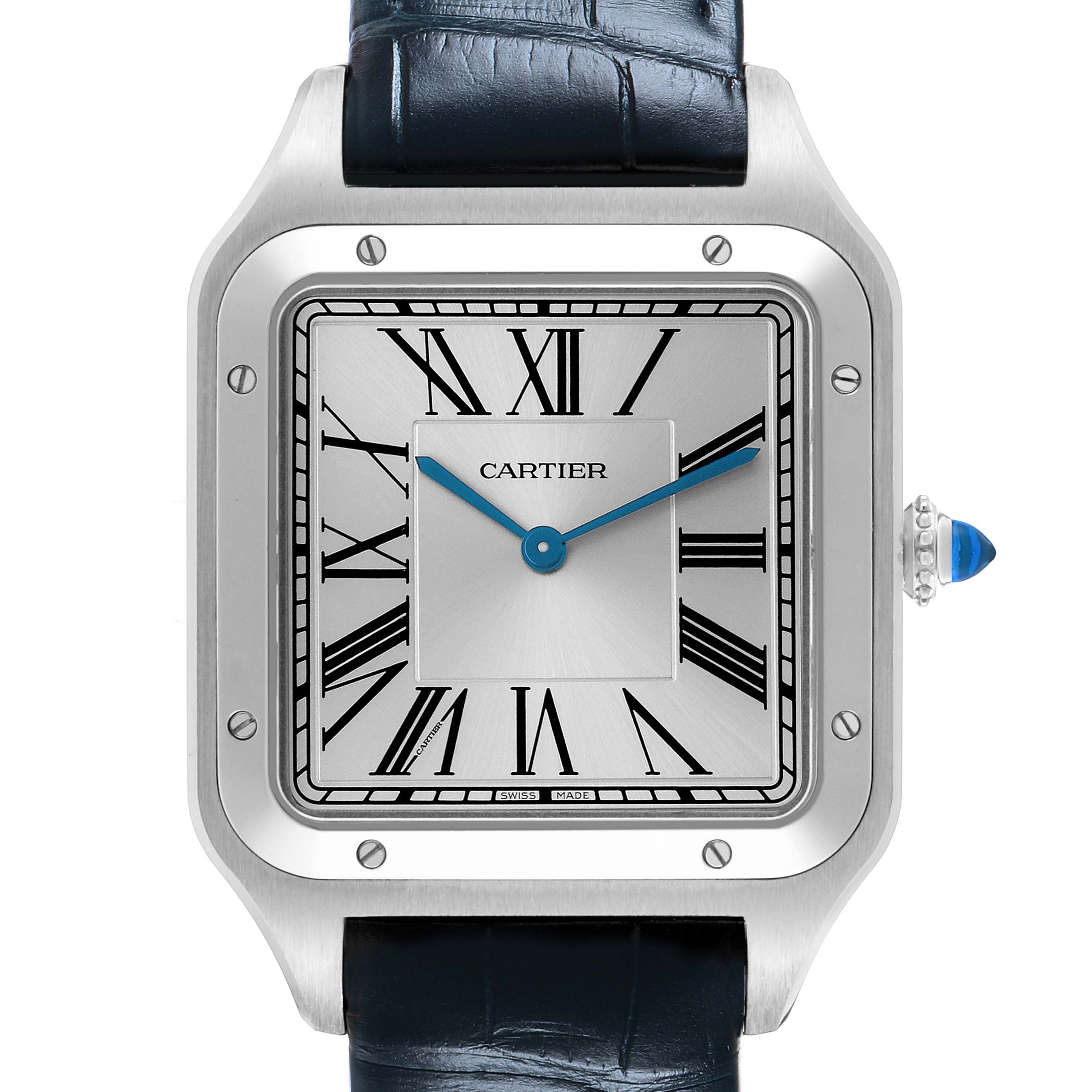 The Cartier Santos Dumont WSSA0032 Men's Stainless Steel Silver Dial watch is shown from the front, highlighting its square face, Roman numerals, blue hands, and crown.