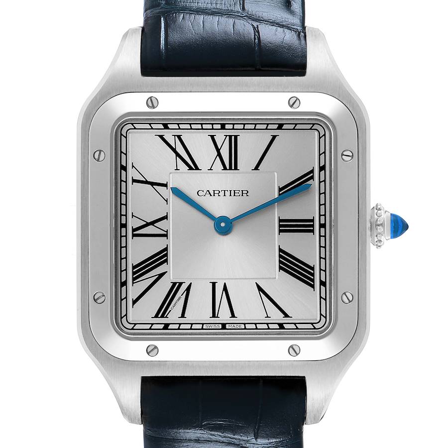 The Cartier Santos Dumont WSSA0032 Men's Stainless Steel Silver Dial watch is shown from the front, highlighting its square face, Roman numerals, blue hands, and crown.