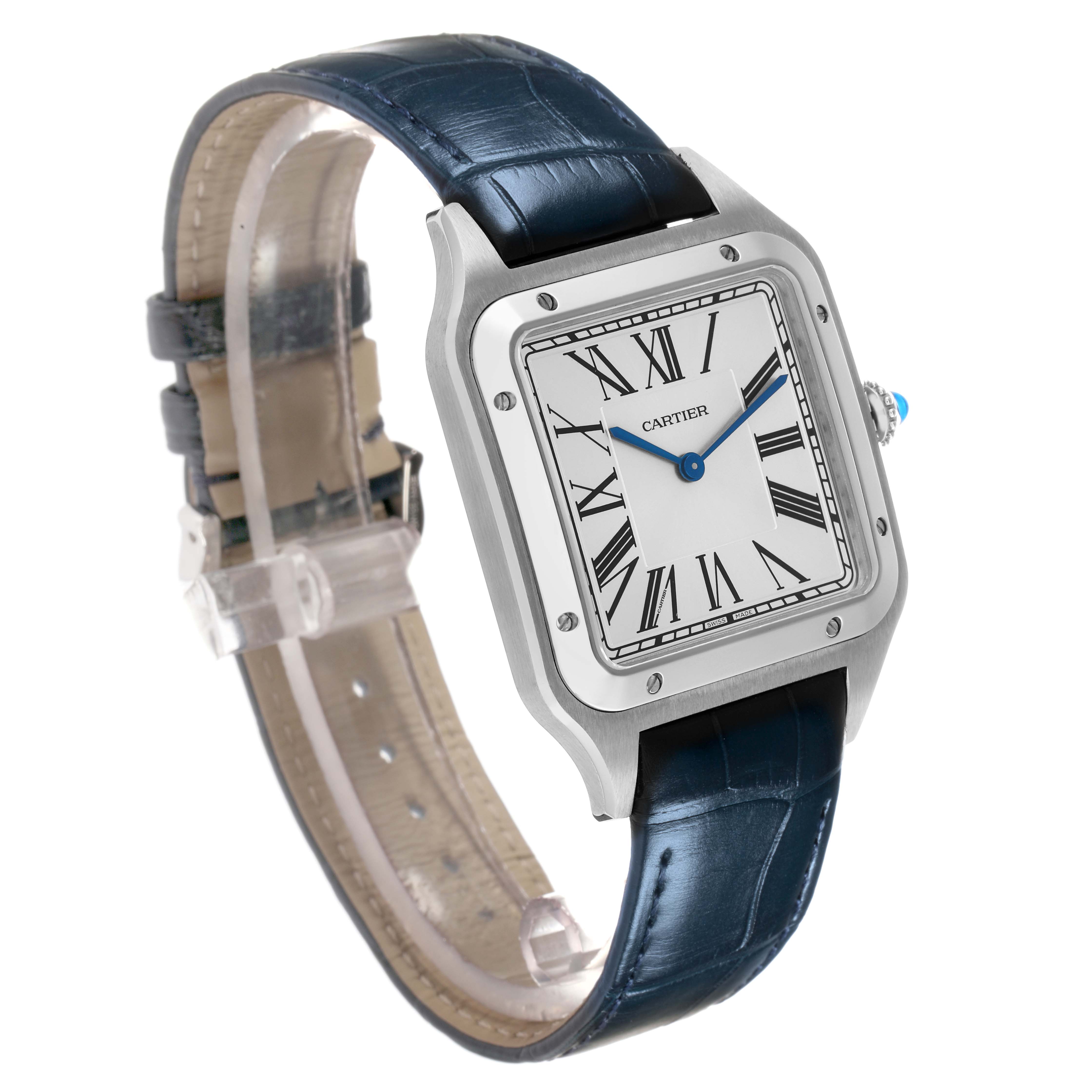 The Cartier Santos Dumont WSSA0032 Men's Stainless Steel Silver Dial watch is shown at an angled side view, highlighting its square case, Roman numeral dial, and blue leather strap.