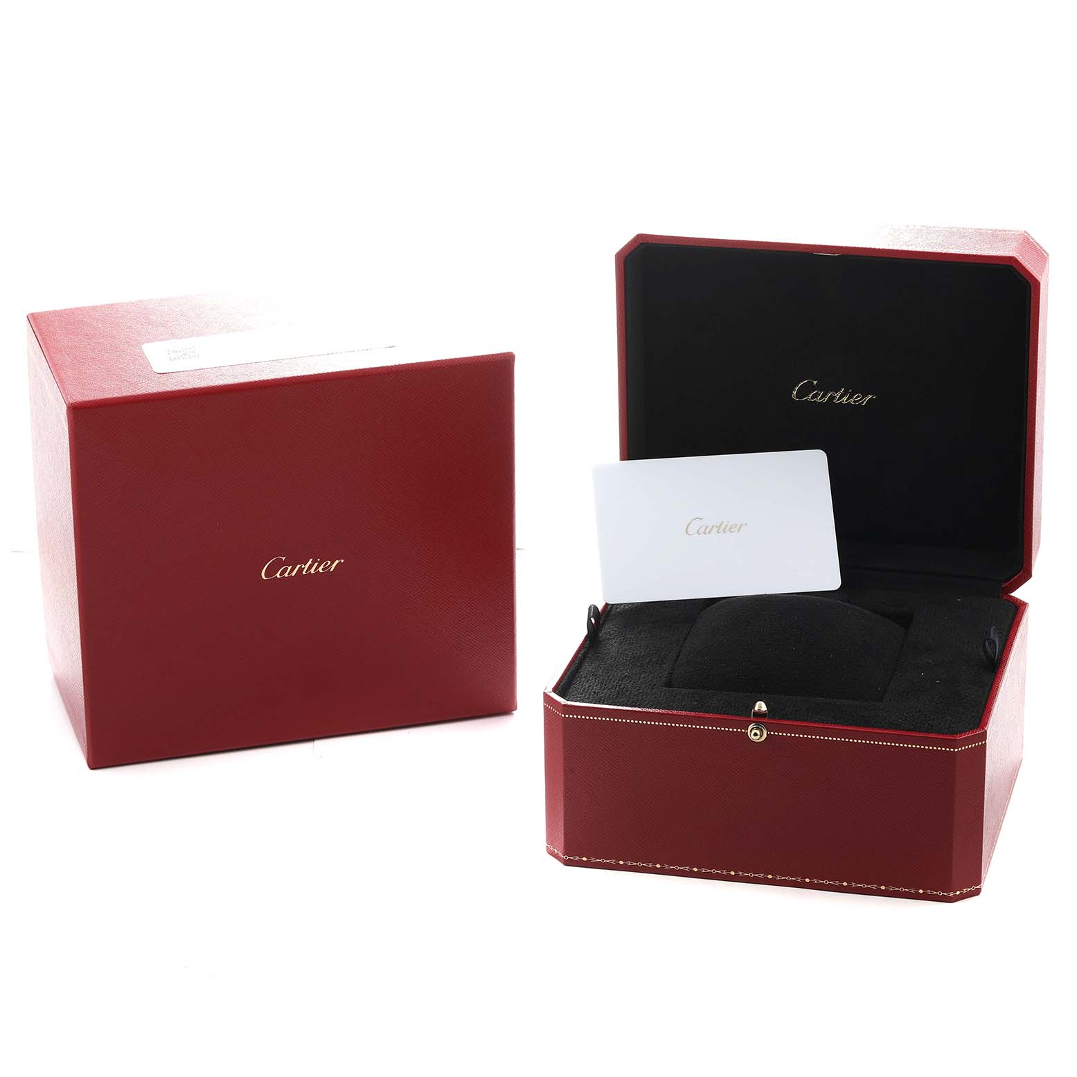 The image shows the open and closed boxes for a Cartier Santos Dumont WSSA0032 Men
s Stainless Steel Silver Dial watch, with branding visible.