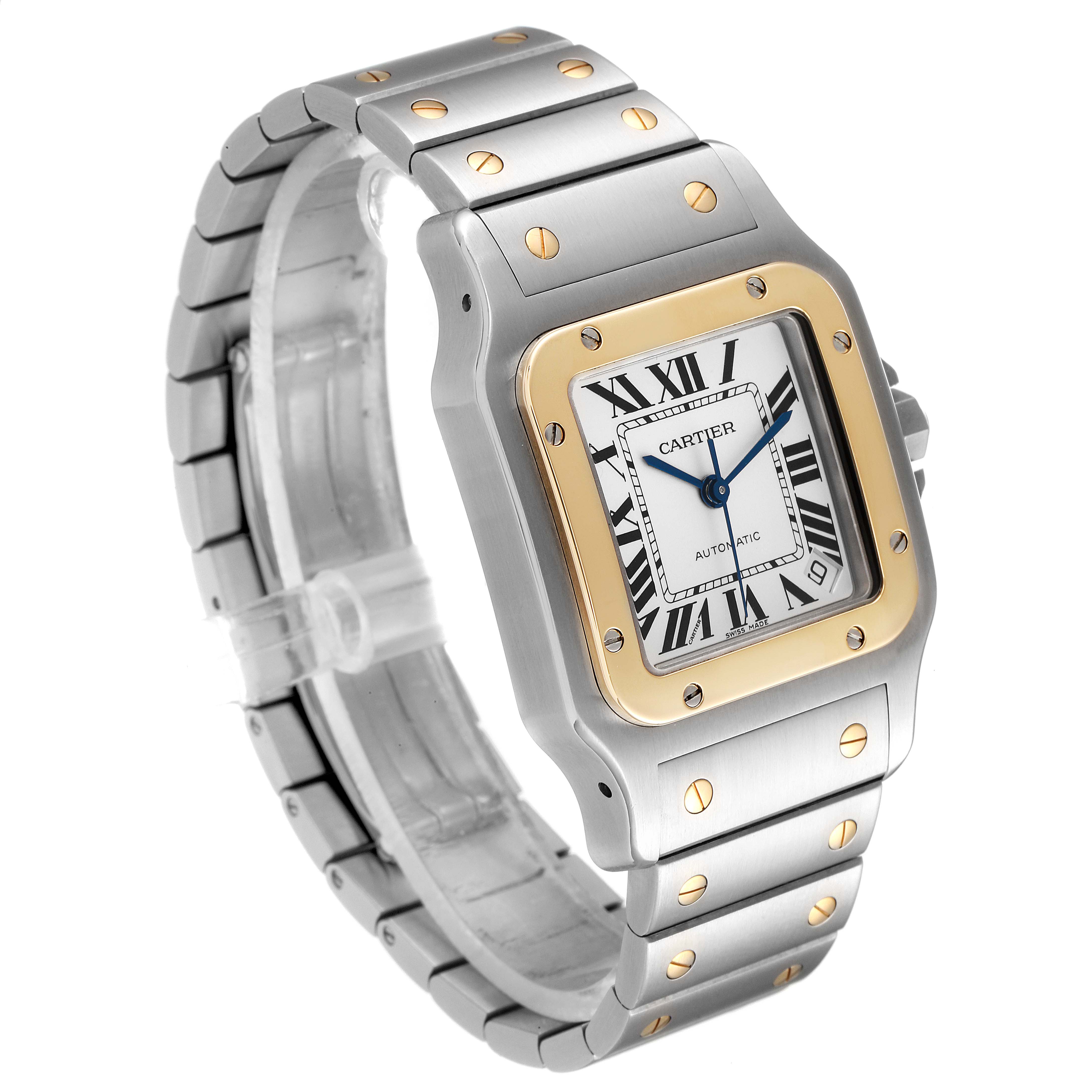This image shows a Cartier Santos W20099C4 Men
s Steel and Gold (two tone) Silver Dial W20099C4 Men
s Steel and Gold (two tone) Silver Dial watch at a three-quarter angle, highlighting the face, bezel, crown, and bracelet.