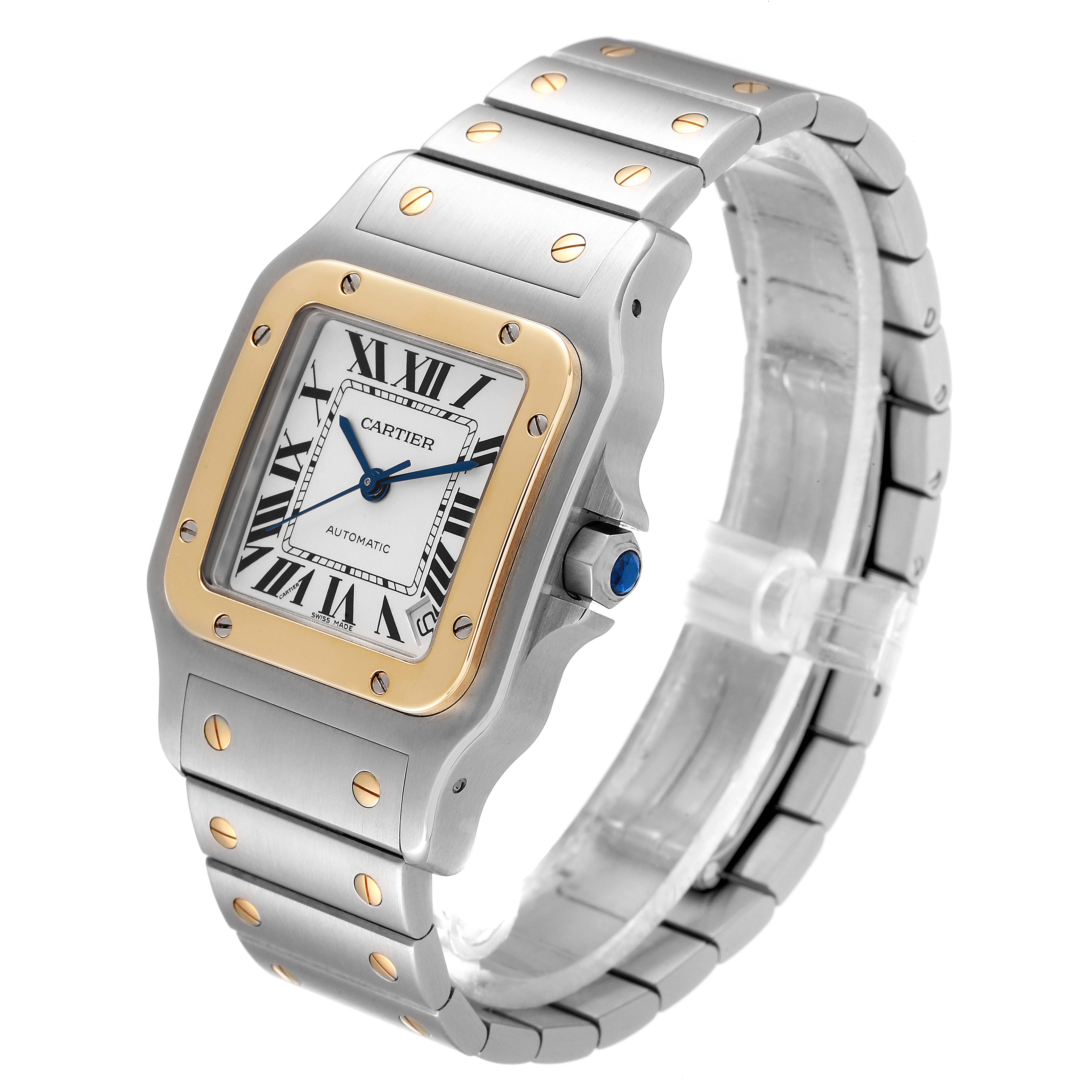 The Cartier Santos W20099C4 Men
s Steel and Gold (two tone) Silver Dial W20099C4 Men
s Steel and Gold (two tone) Silver Dial watch is shown at a 3/4 angle displaying its face, bezel, crown, and bracelet.