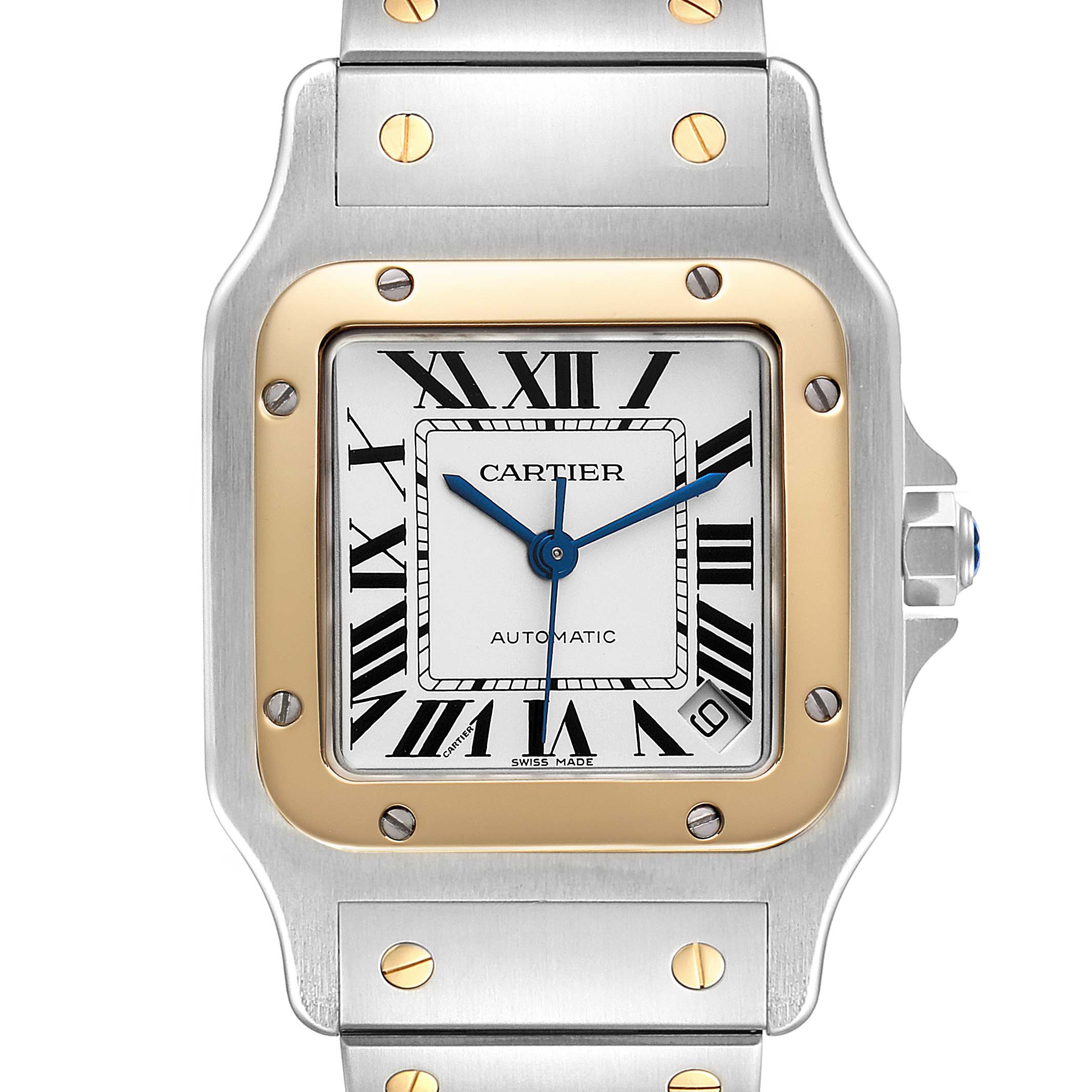 This image shows a close-up of the Cartier Santos W20099C4 Men
s Steel and Gold (two tone) Silver Dial W20099C4 Men
s Steel and Gold (two tone) Silver Dial watch face and part of the bracelet, displaying the bezel and crown.