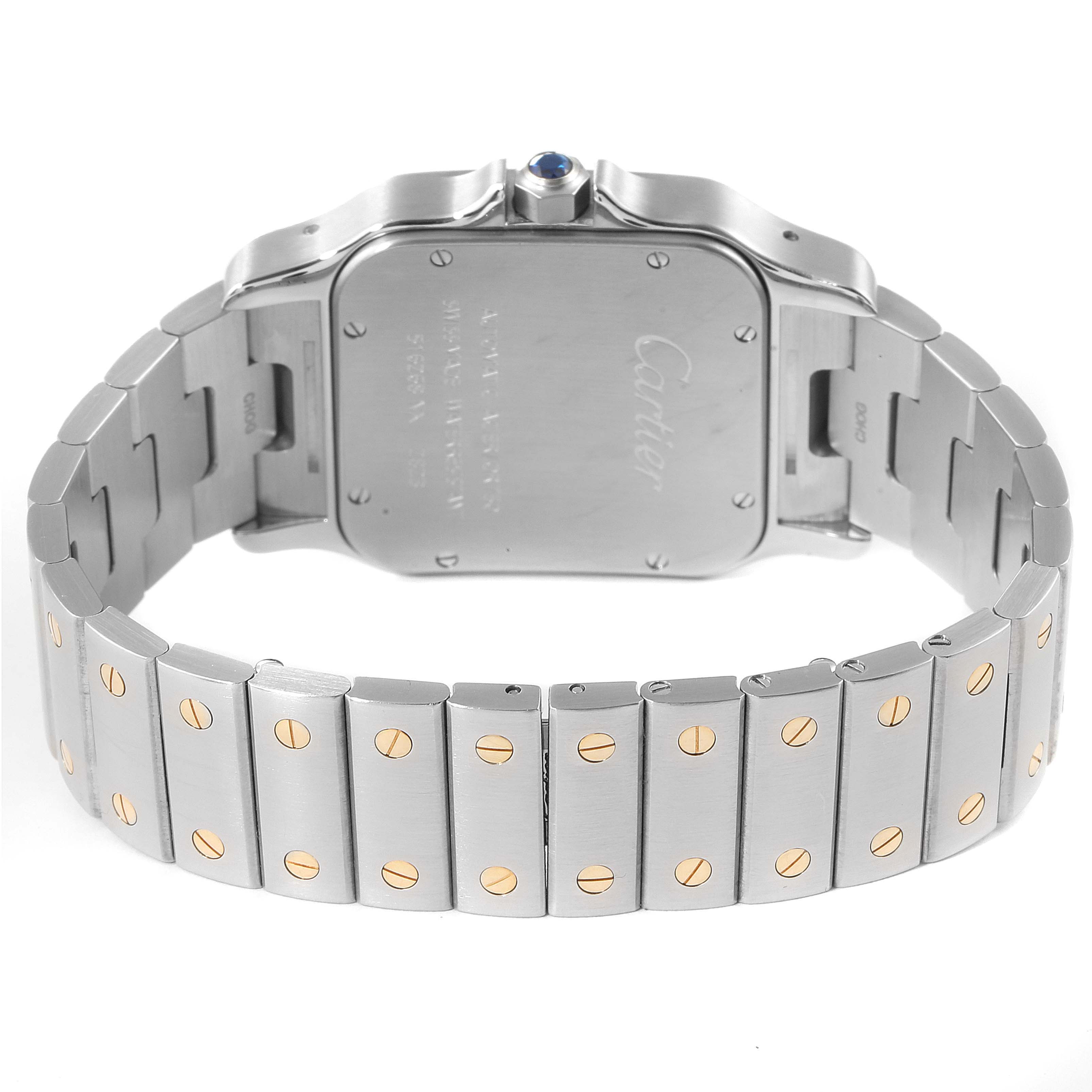 This image shows the back case and bracelet of a Cartier Santos W20099C4 Men
s Steel and Gold (two tone) Silver Dial W20099C4 Men
s Steel and Gold (two tone) Silver Dial watch.