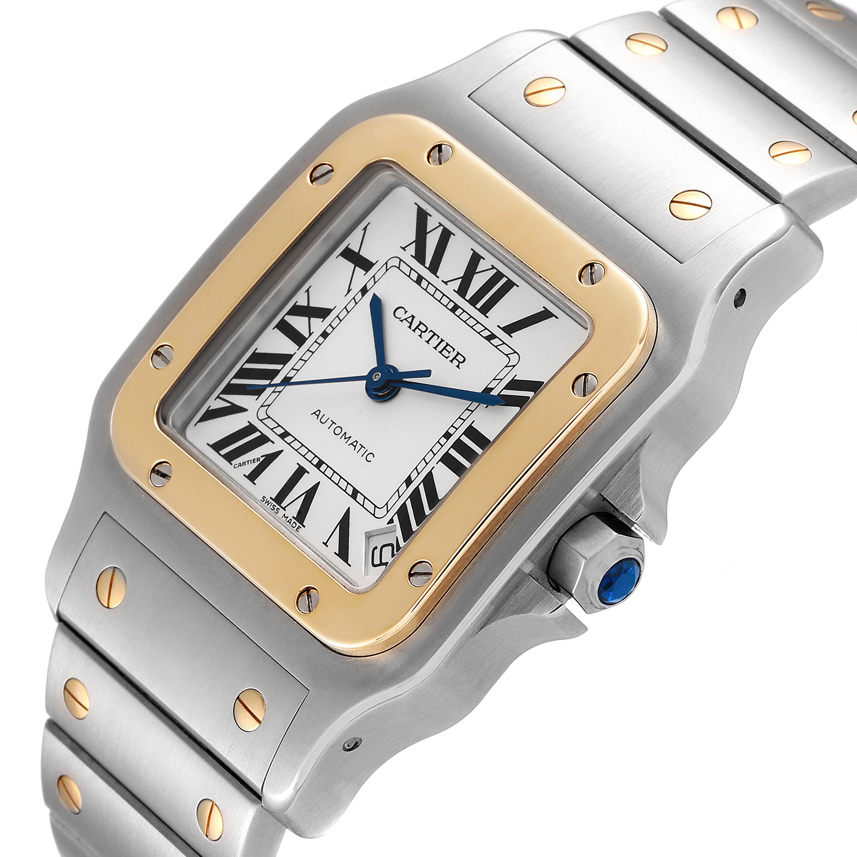 The image shows a close-up angle of a Cartier Santos W20099C4 Men
s Steel and Gold (two tone) Silver Dial W20099C4 Men
s Steel and Gold (two tone) Silver Dial watch, highlighting the face and part of the bracelet.
