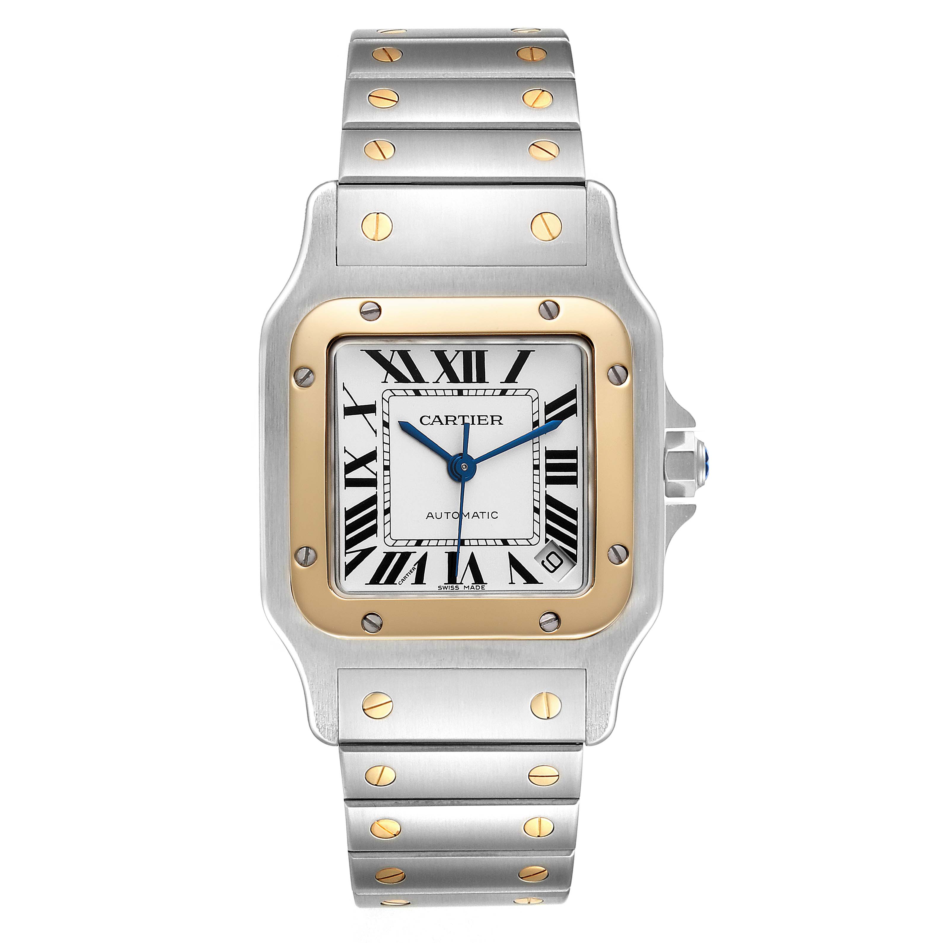 The Cartier Santos W20099C4 Men
s Steel and Gold (two tone) Silver Dial W20099C4 Men
s Steel and Gold (two tone) Silver Dial watch is shown from the front, displaying the dial, bezel, case, and bracelet.