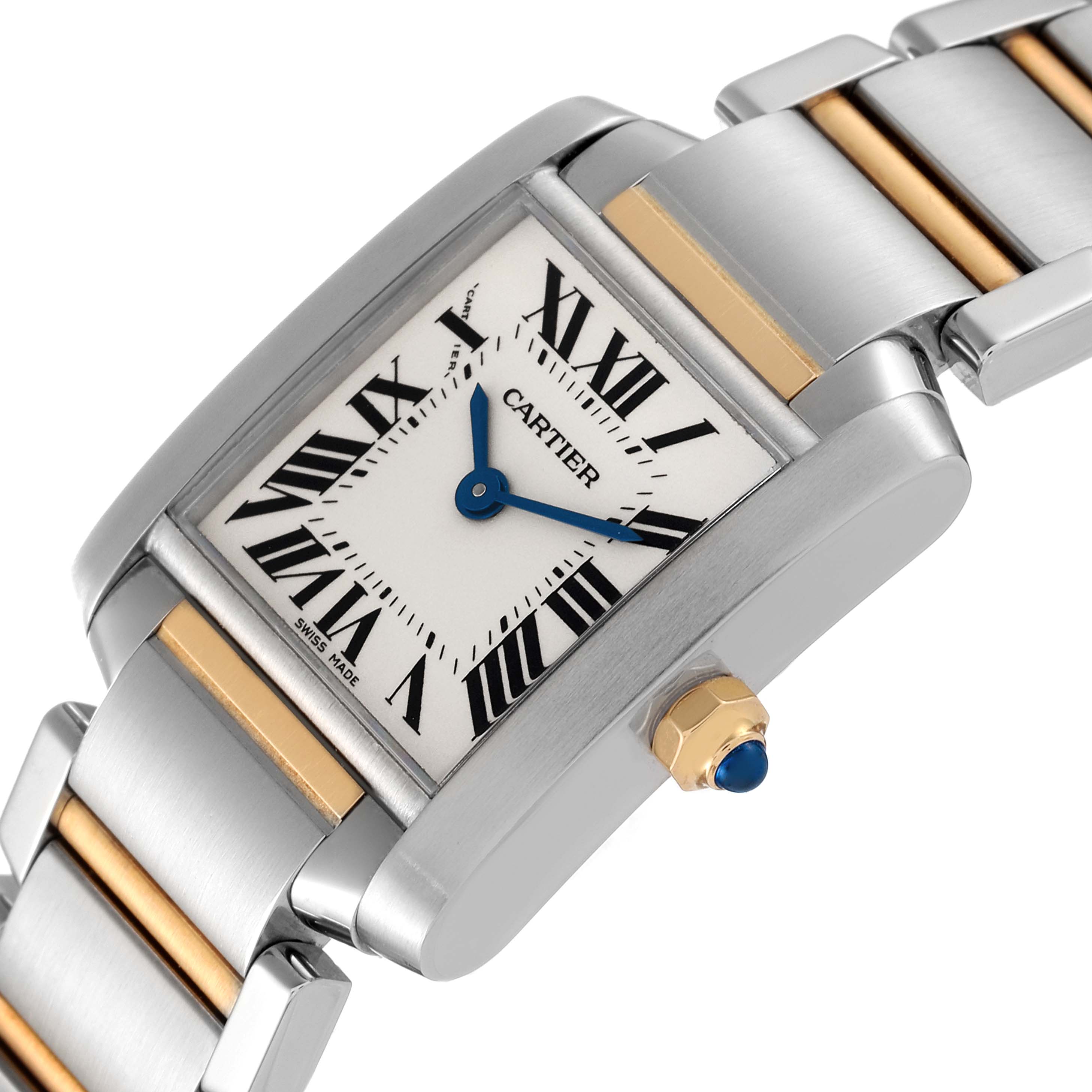 This image displays the Cartier Tank Francaise W51007Q4 Women's Steel and Gold (two tone) Silver Dial W51007Q4 Women's Steel and Gold (two tone) Silver Dial watch at an angle showcasing its face, Roman numerals, and two-tone metal band.