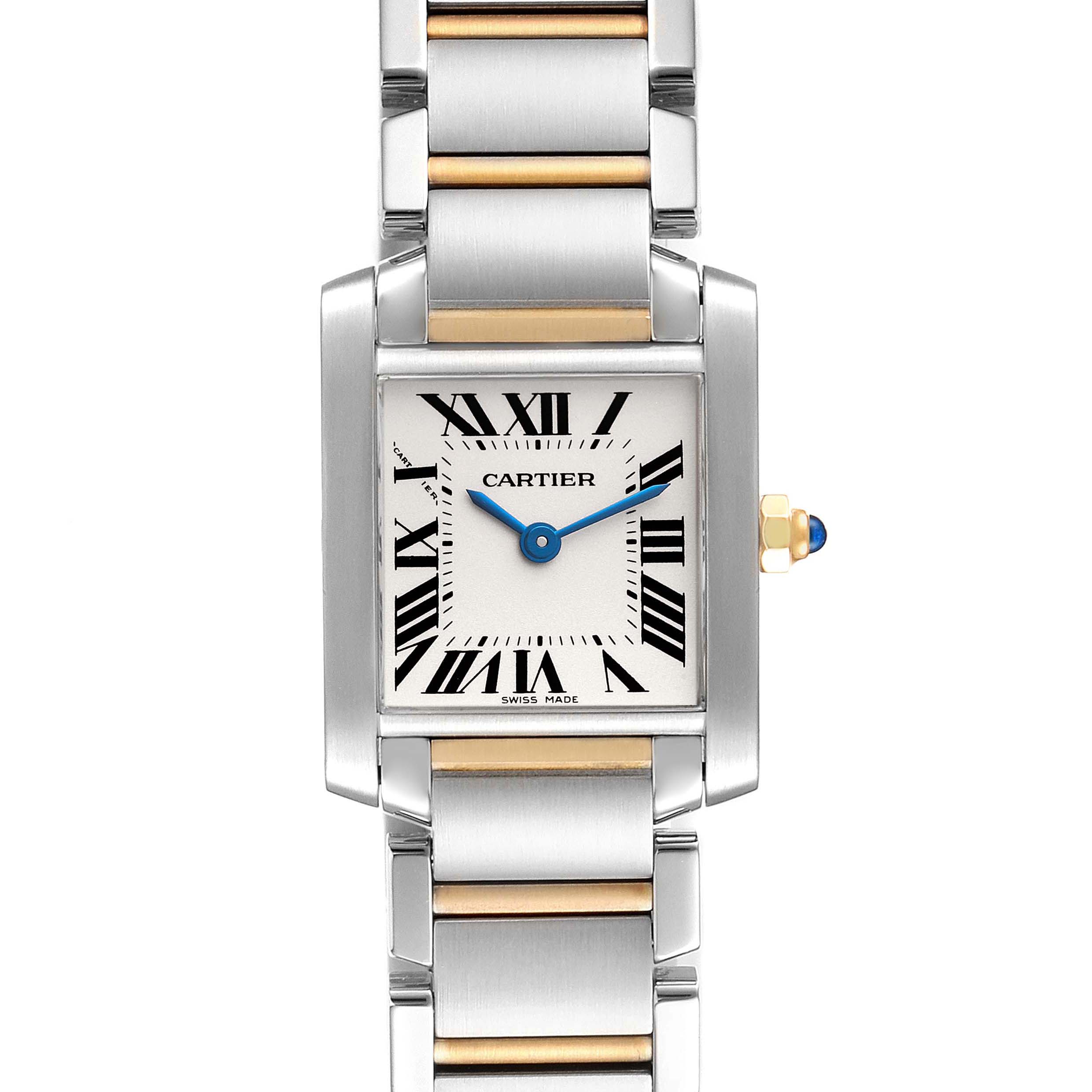 The image shows a front view of the Cartier Tank Francaise W51007Q4 Women's Steel and Gold (two tone) Silver Dial W51007Q4 Women's Steel and Gold (two tone) Silver Dial watch, highlighting its face, bezel, and bracelet.