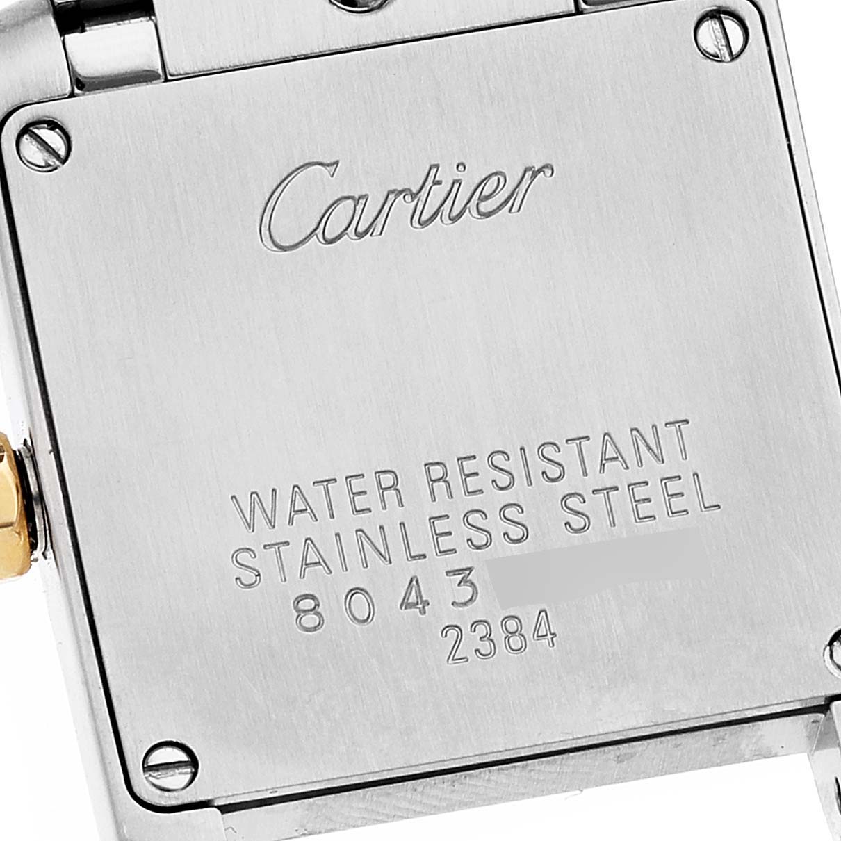 The image shows the back case of a Cartier Tank Francaise W51007Q4 Women's Steel and Gold (two tone) Silver Dial W51007Q4 Women's Steel and Gold (two tone) Silver Dial watch, highlighting its stainless steel and water resistance features.
