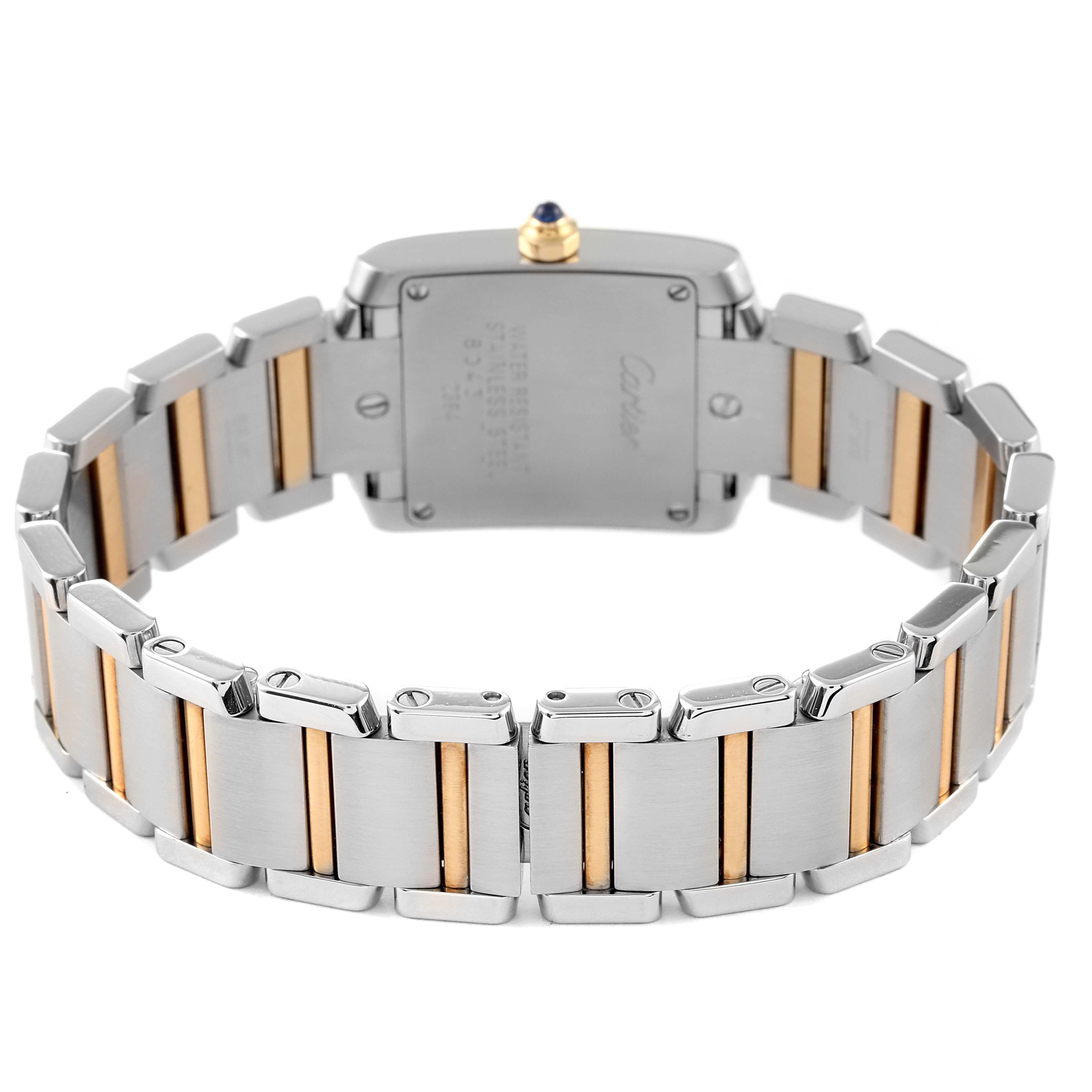 The image shows the back view of the Tank Française model by Cartier, highlighting its stainless steel and gold bracelet.