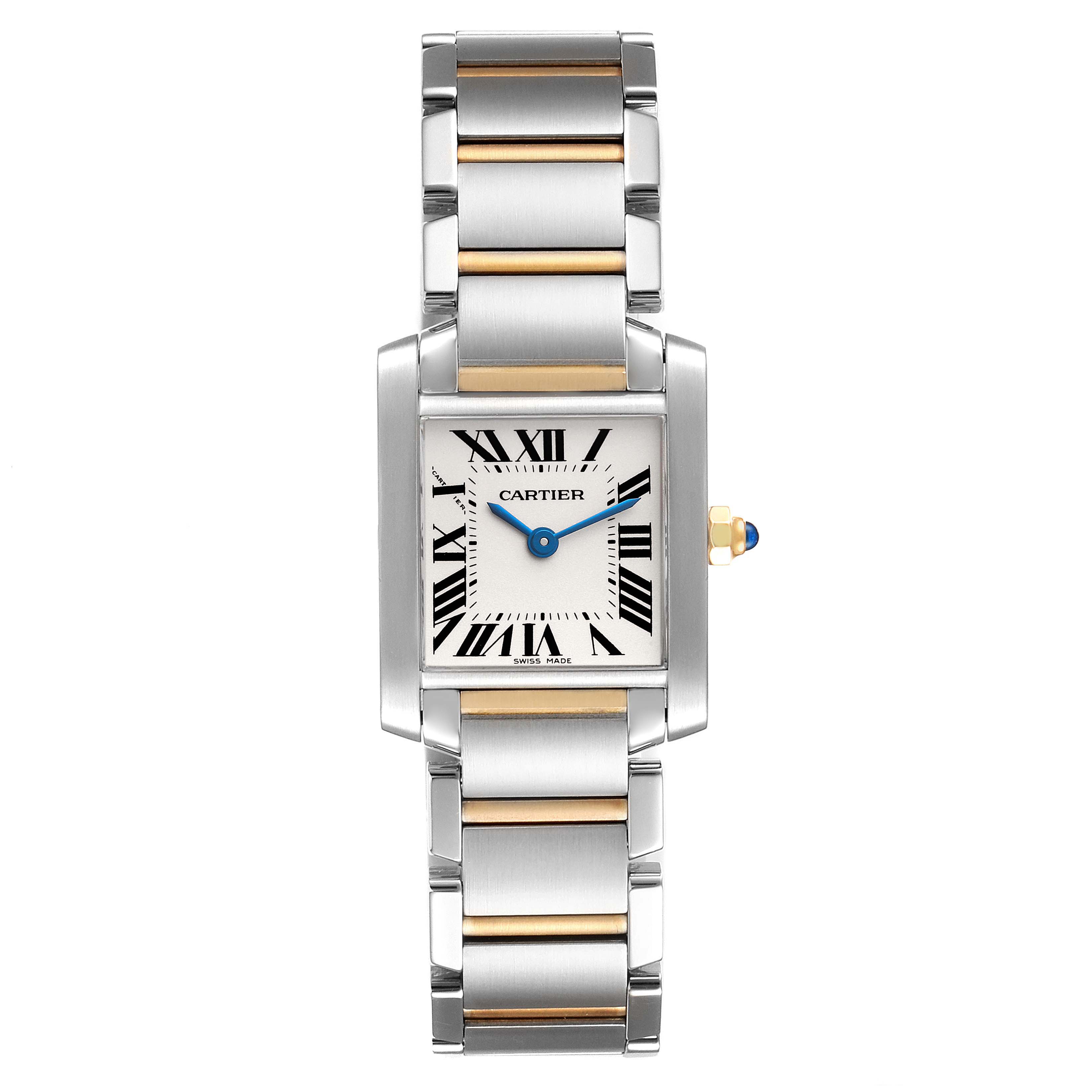 The Cartier Tank Française watch is shown from a top-down angle, displaying its face, Roman numerals, blue hands, and two-tone bracelet.