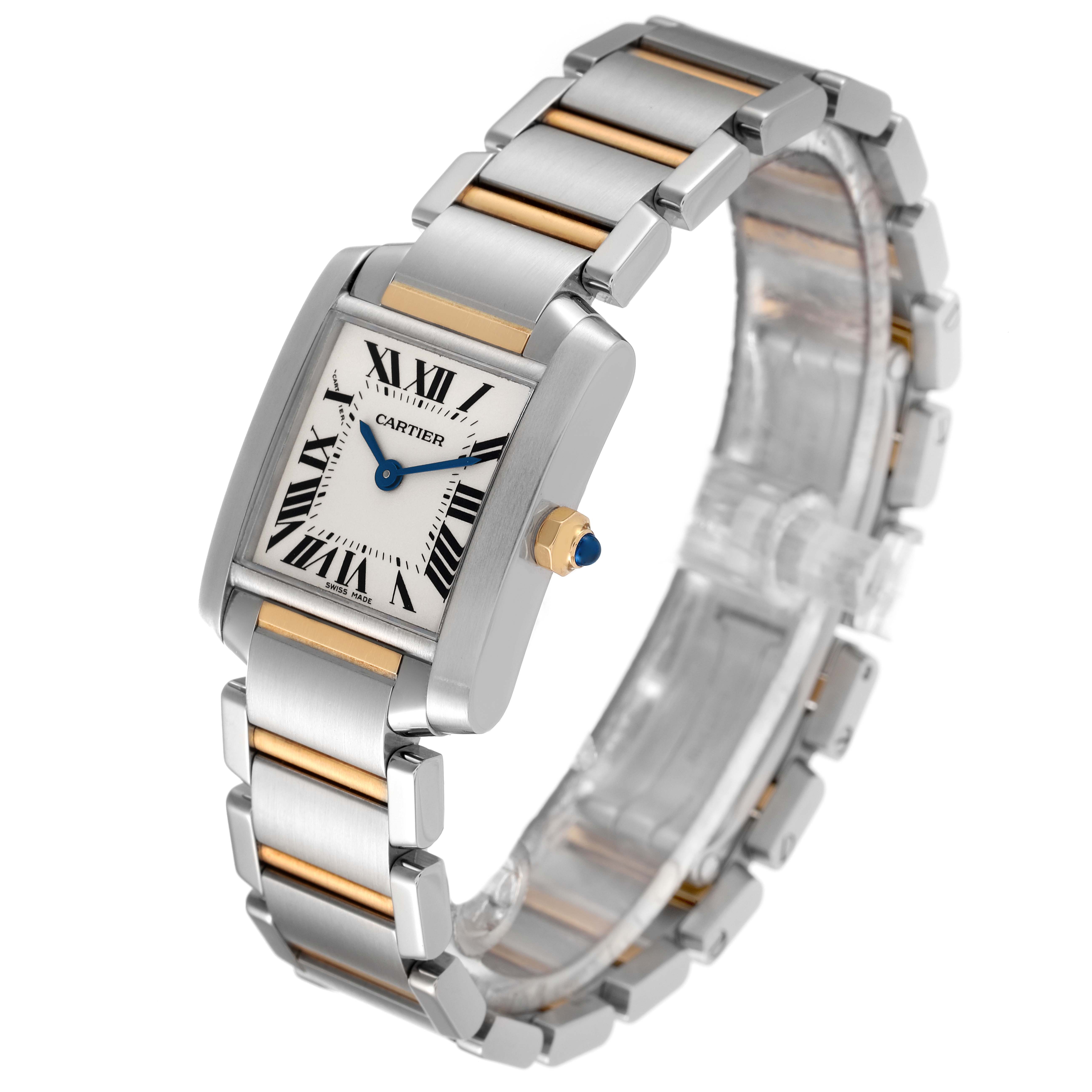 The image shows a Cartier Tank Francaise W51007Q4 Women's Steel and Gold (two tone) Silver Dial W51007Q4 Women's Steel and Gold (two tone) Silver Dial watch, angled to display the face, bracelet, and crown.