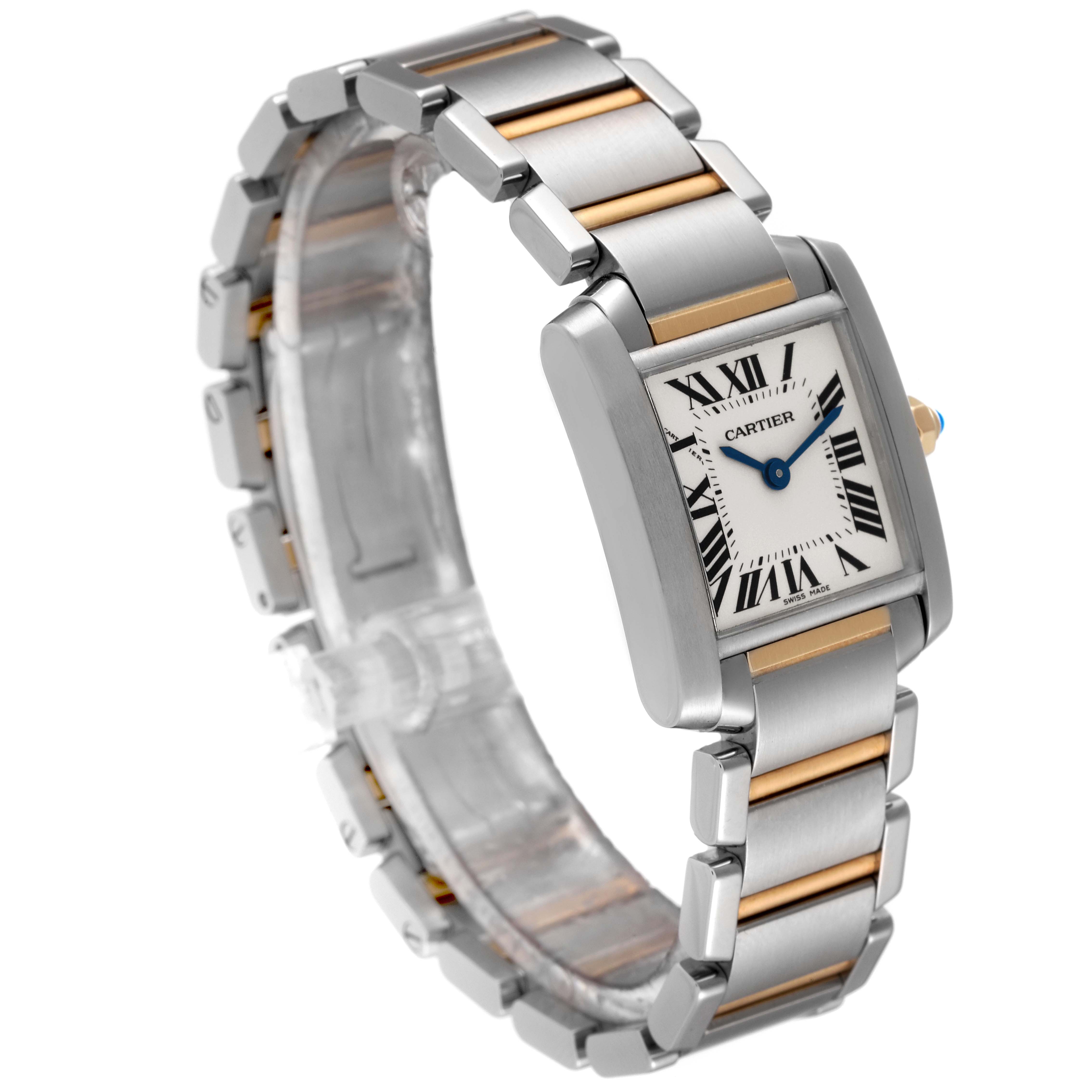 The image shows a Cartier Tank Francaise W51007Q4 Women's Steel and Gold (two tone) Silver Dial W51007Q4 Women's Steel and Gold (two tone) Silver Dial watch at a three-quarter angle, highlighting its silver and gold bracelet and rectangular face.