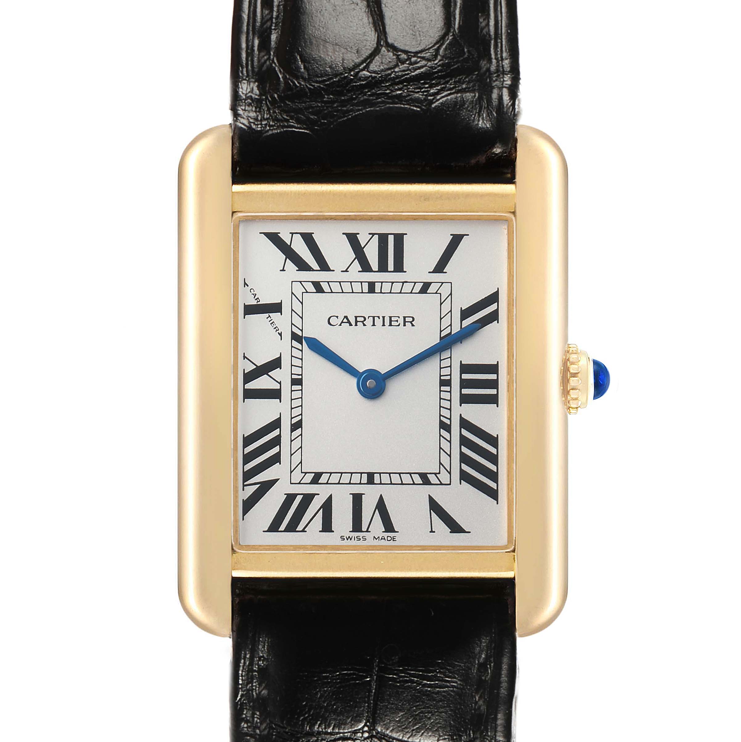 The Cartier Tank Solo W5200002 Men's Steel and Gold (two tone) White Dial watch is shown from a front angle, displaying its face, Roman numerals, hands, and crown.