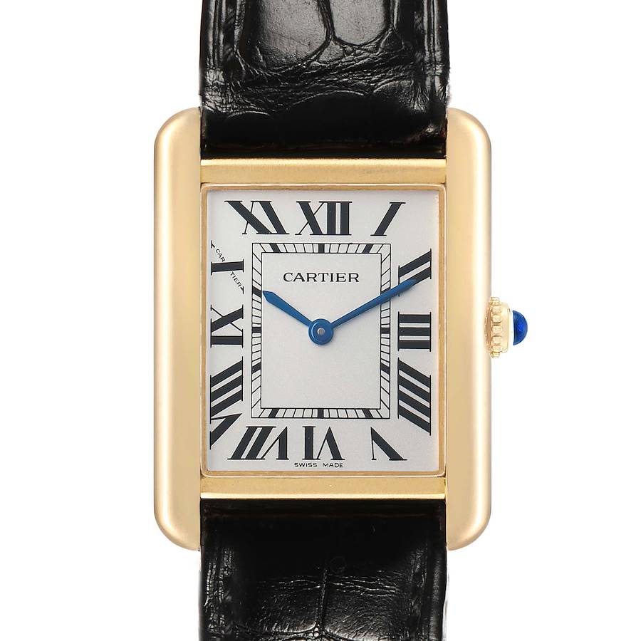 The Cartier Tank Solo W5200002 Men's Steel and Gold (two tone) White Dial watch is shown from a front angle, displaying its face, Roman numerals, hands, and crown.