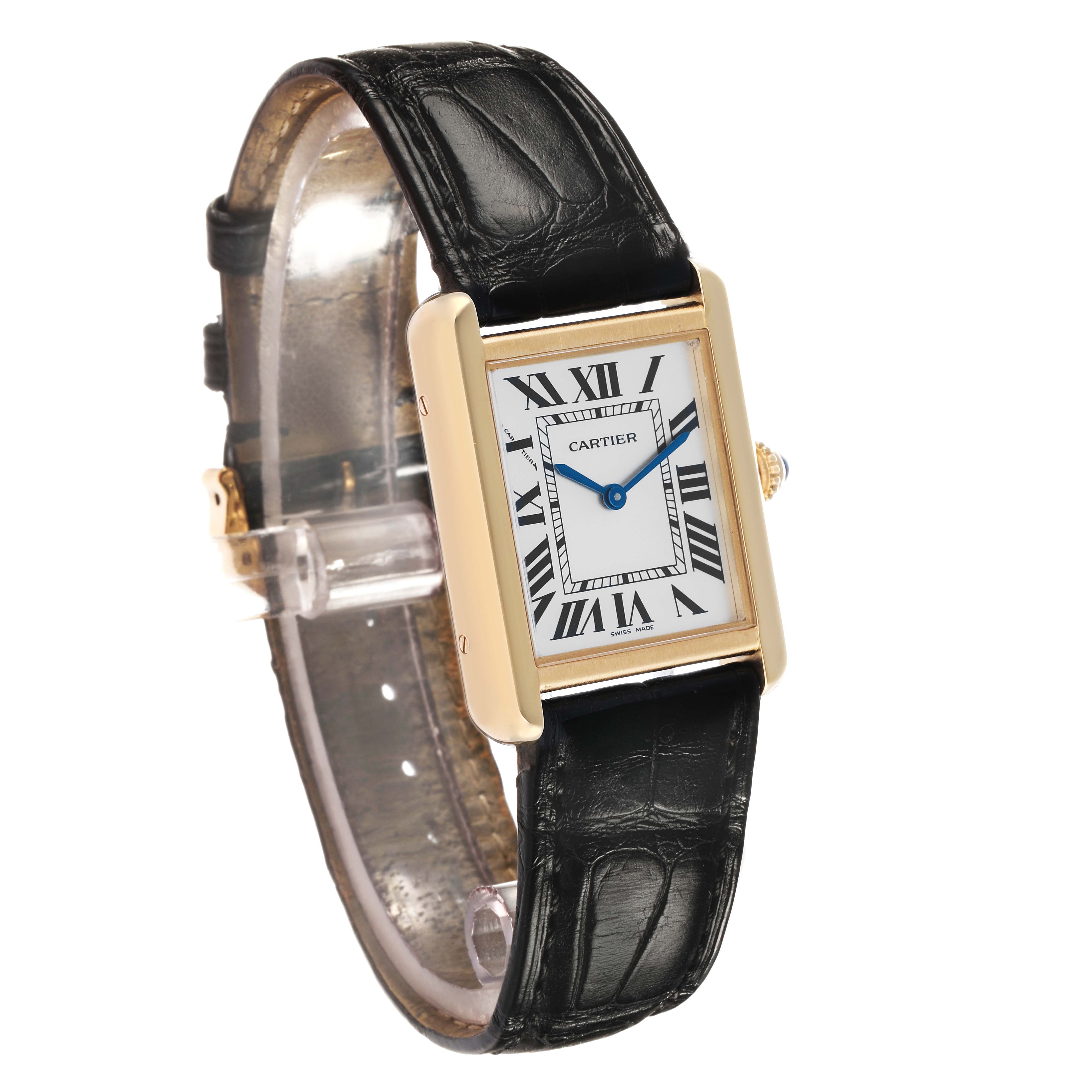 The Cartier Tank Solo W5200002 Men's Steel and Gold (two tone) White Dial watch is shown at a slight angle, highlighting its rectangular face, Roman numerals, and leather strap.